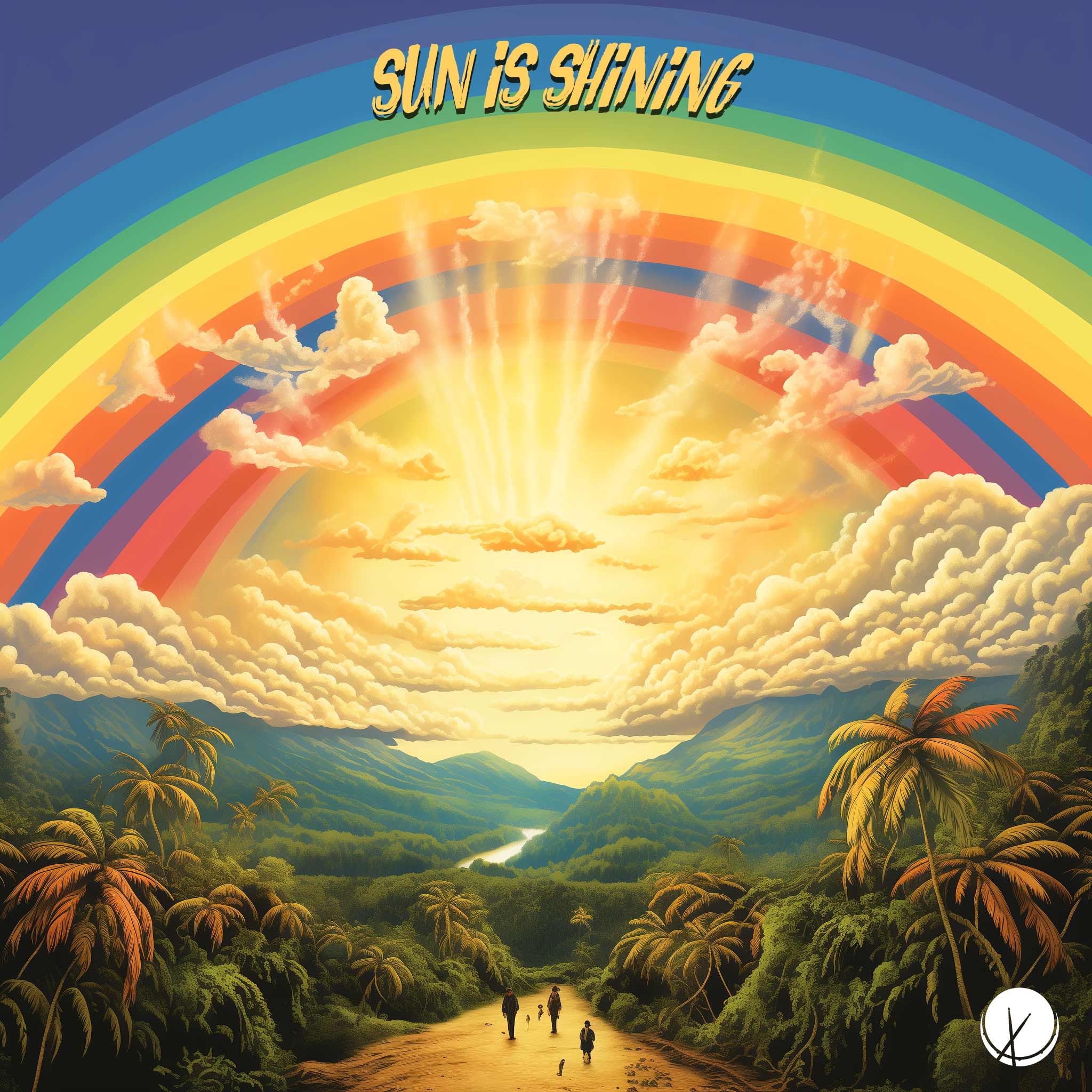 Feel-good dub reggae cover art titled "Sun is Shining" featuring a rainbow, soft light, and illustration of an island with palm trees and people. The scene creates a vibrant and positive atmosphere.