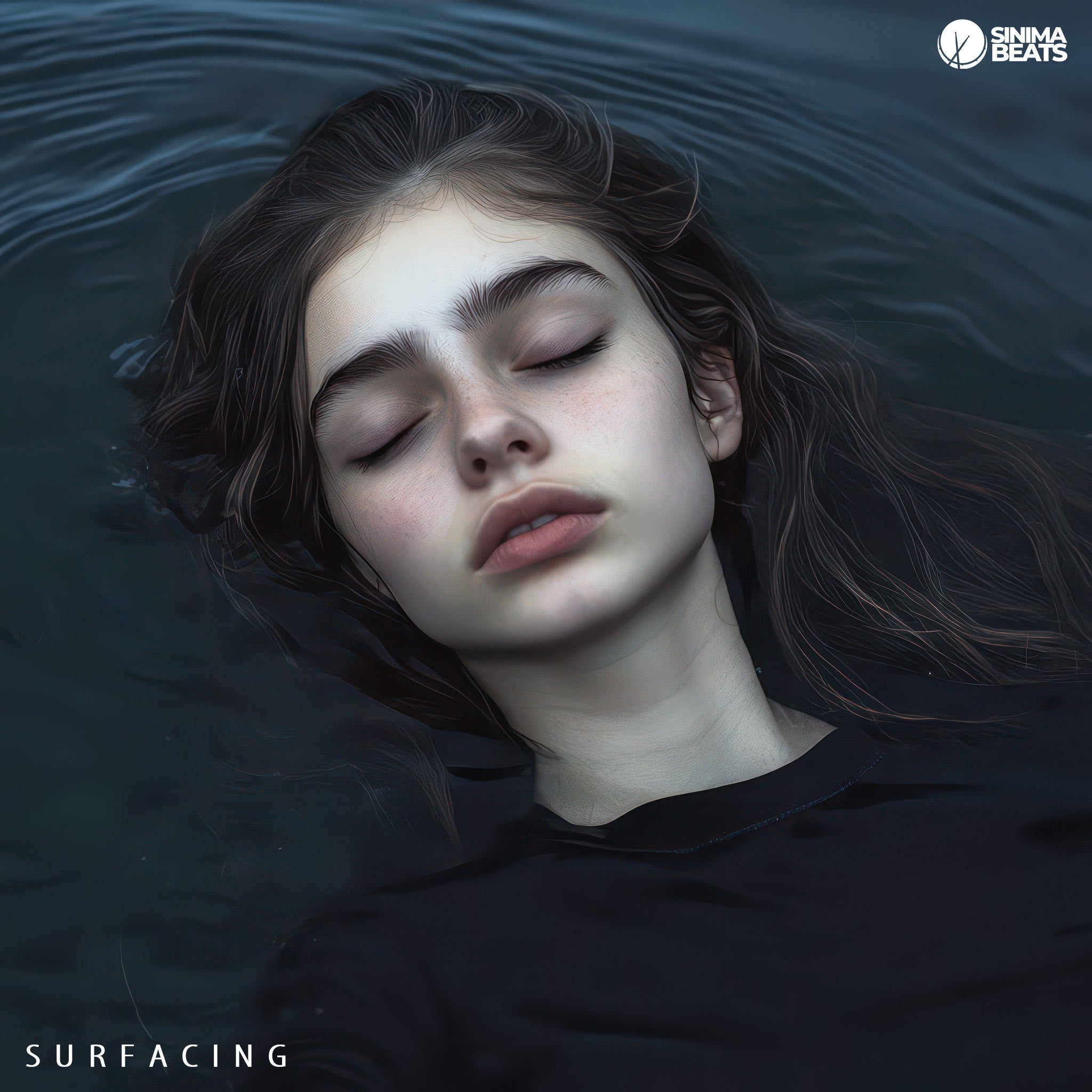 In the image titled Surfacing, a serene young woman is captured in a cinematic photograph, partially emerging from the water. She is wearing a black t-shirt, which contrasts with the rippling water around her. The close-up shot focuses on her calm expression as she rises from the water, creating a visual metaphor for emerging from challenges or finding peace after a struggle. The water's surface reflects light, enhancing the tranquil and contemplative mood of the scene.