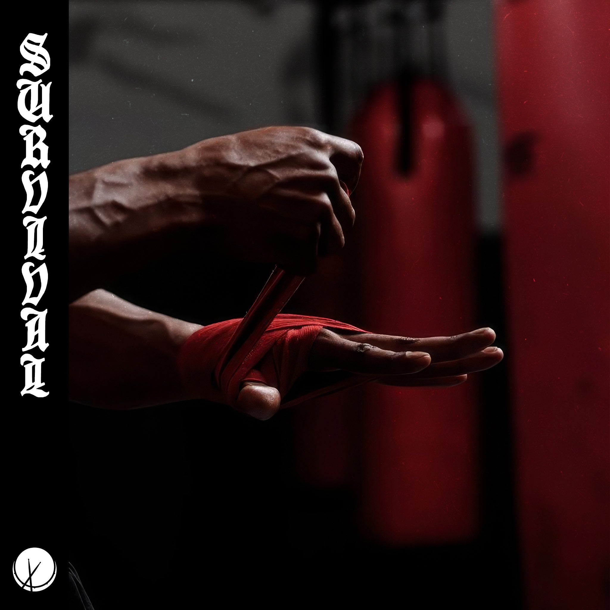 Boxer preparing for a fight by wrapping their fists in front of red punching bags in a gym, showcasing determination and readiness. Title: 'Survival.'