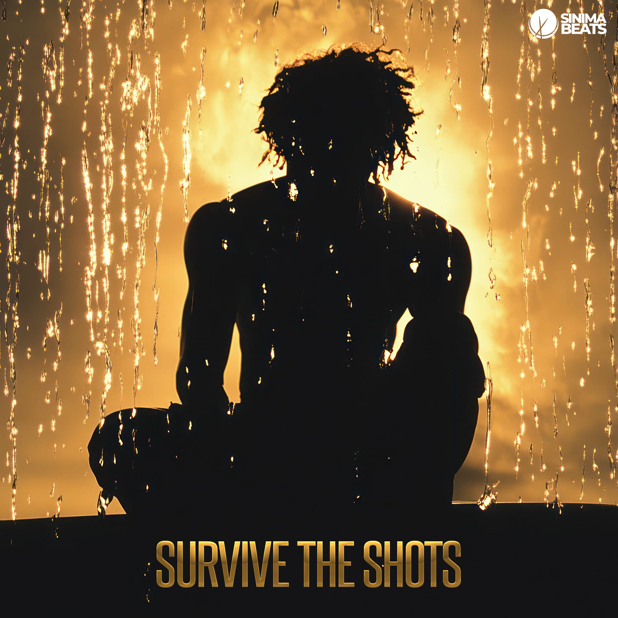 A powerful and evocative scene, featuring a shirtless rapper sitting under a heavy downpour of rainfall. The raindrops are emphasized, creating a dramatic effect that highlights the artist's resilience and determination. The color scheme incorporates stark blacks and vivid yellows, lending the image an intense, moody atmosphere suitable for a hip-hop or club music vibe. - Survive the Shots