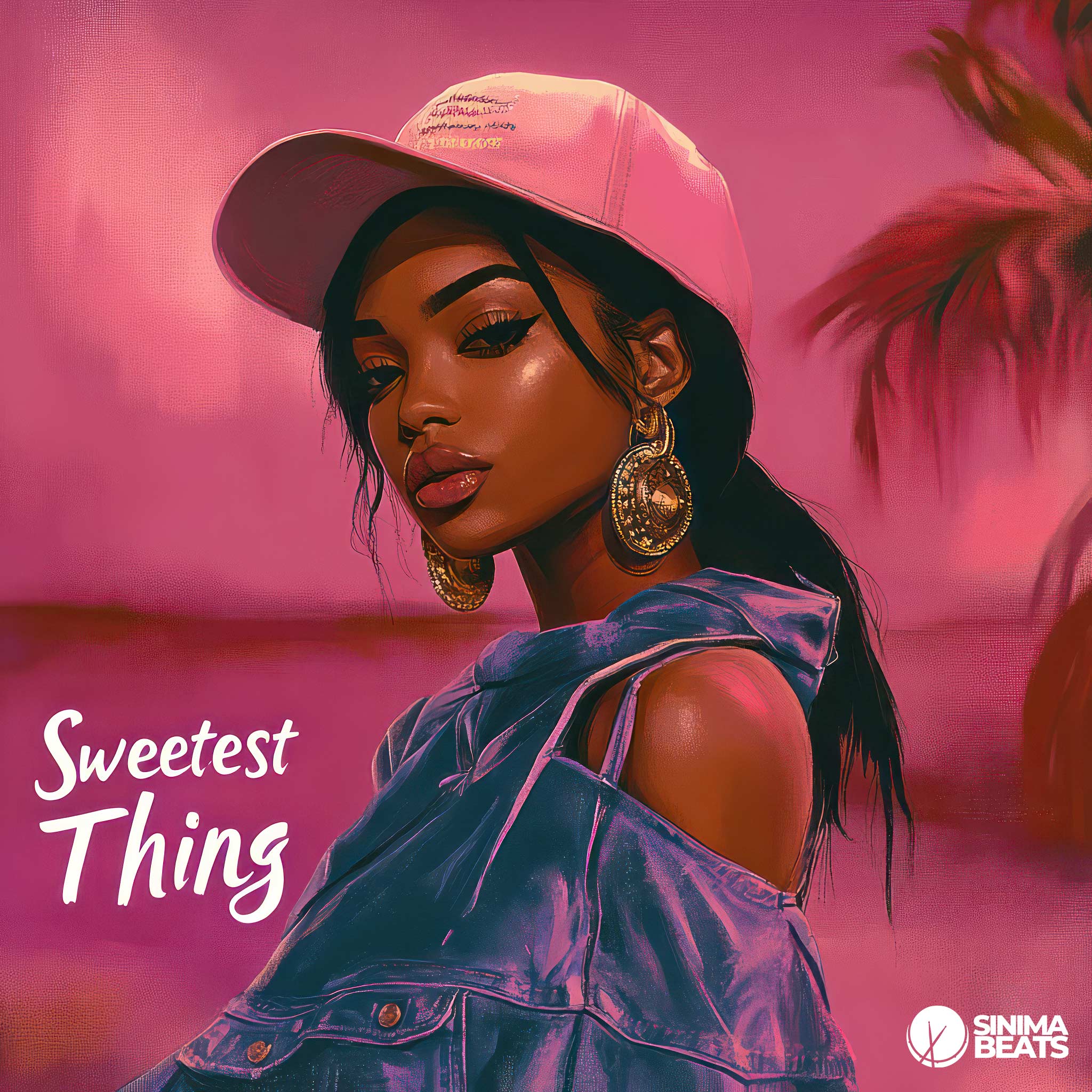 This R&B cover art for Sweetest Thing features an illustration of a beautiful Black woman exuding confidence and style. She wears a pink baseball cap that partially shades her face, giving her a mysterious allure. Draped casually over her shoulders is a blue jean jacket, which she holds close, suggesting a sense of comfort and warmth. The pink textured background enhances the softness of the image, creating a harmonious color palette that complements her cap. 