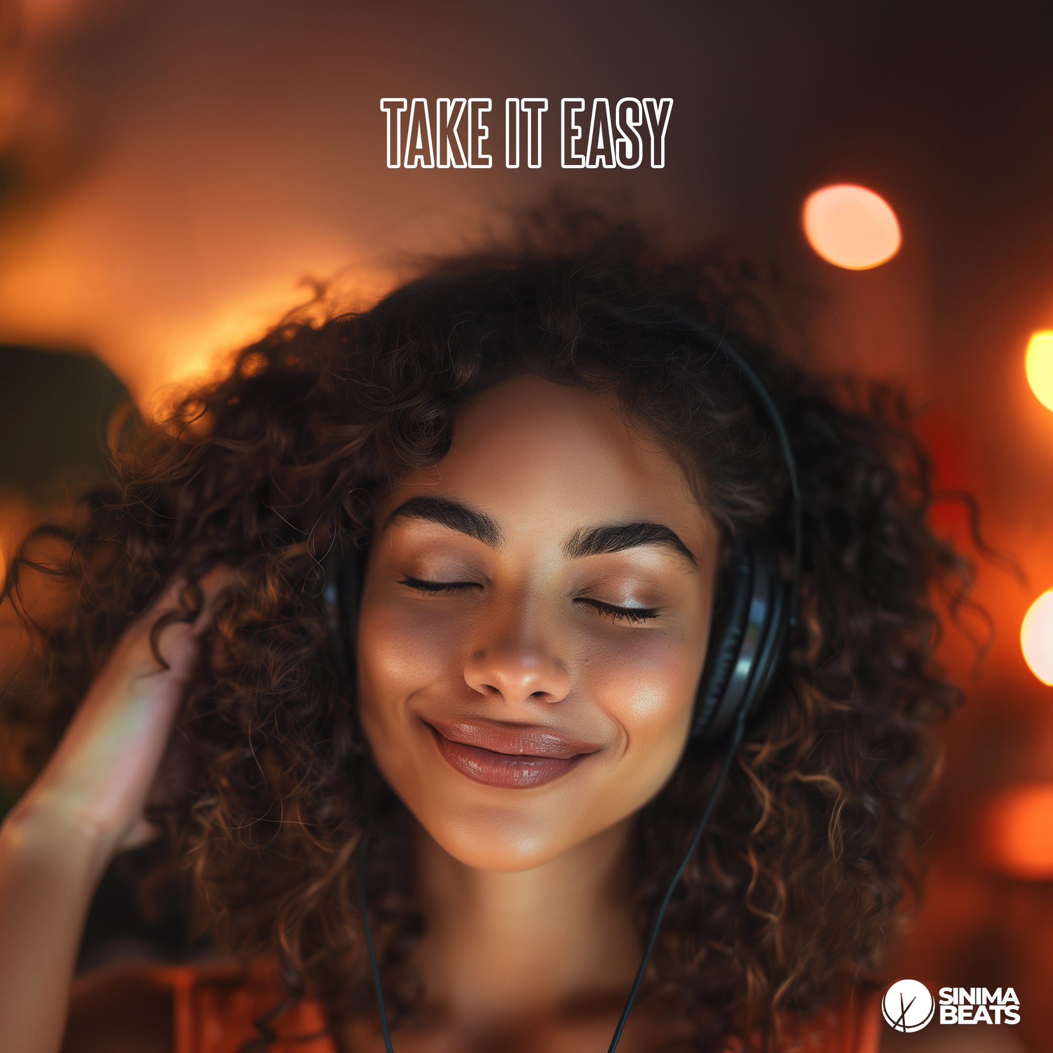 An attractive black woman with curly hair is shown in a relaxed pose, enjoying music through headphones. Her eyes are closed and she is smiling, reflecting a sense of peace and contentment. The close-up view highlights her joyful expression and the enjoyment she derives from the music, perfectly capturing the theme of "Take It Easy."