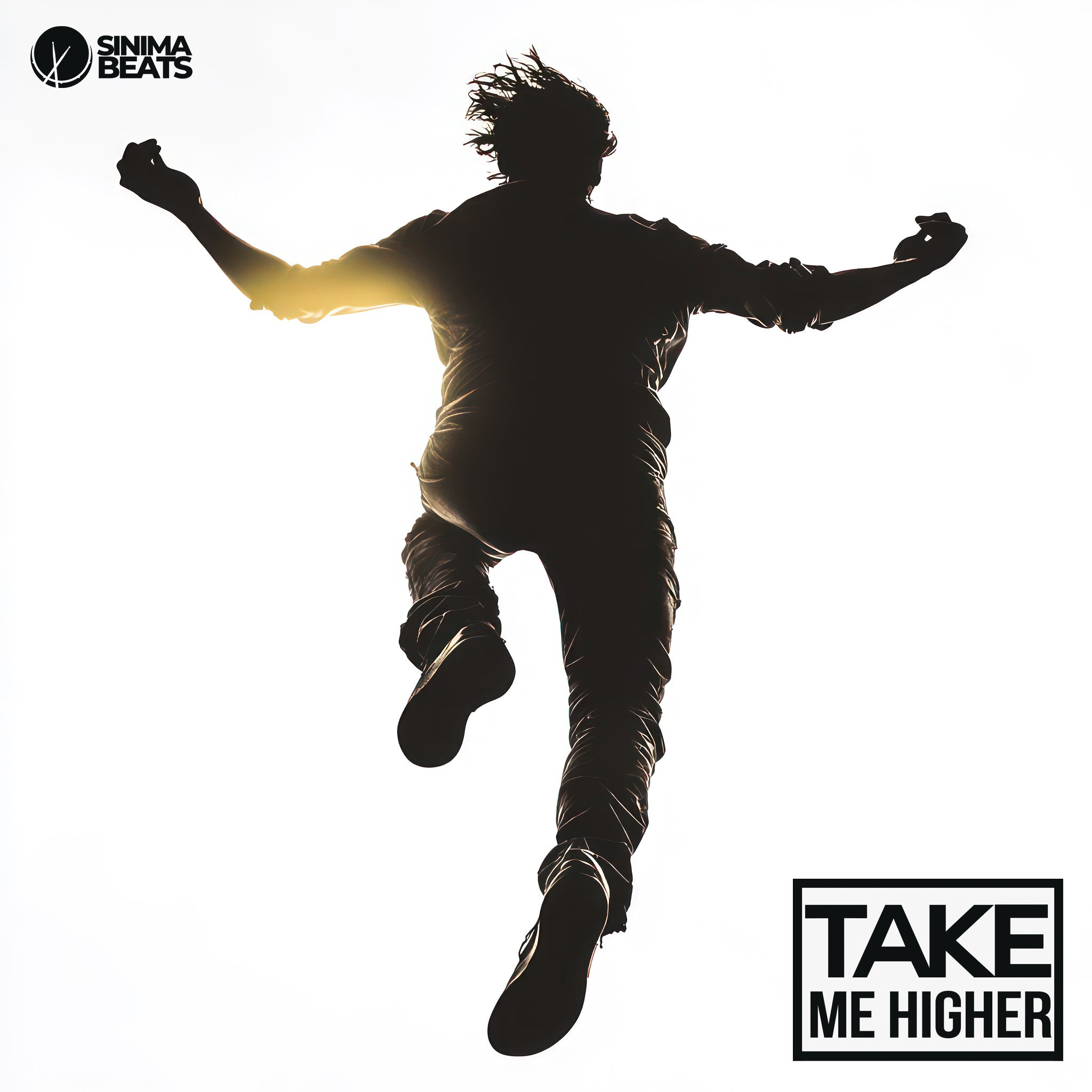 A silhouette of a man seemingly suspended mid-air against a solid white background, capturing the essence of Take Me Higher. The stark contrast between the dark figure and the bright backdrop symbolizes a sense of freedom, aspiration, and elevation. This minimalist yet powerful image evokes feelings of breaking free from limitations and reaching for new heights, creating a sense of movement and transcendence.