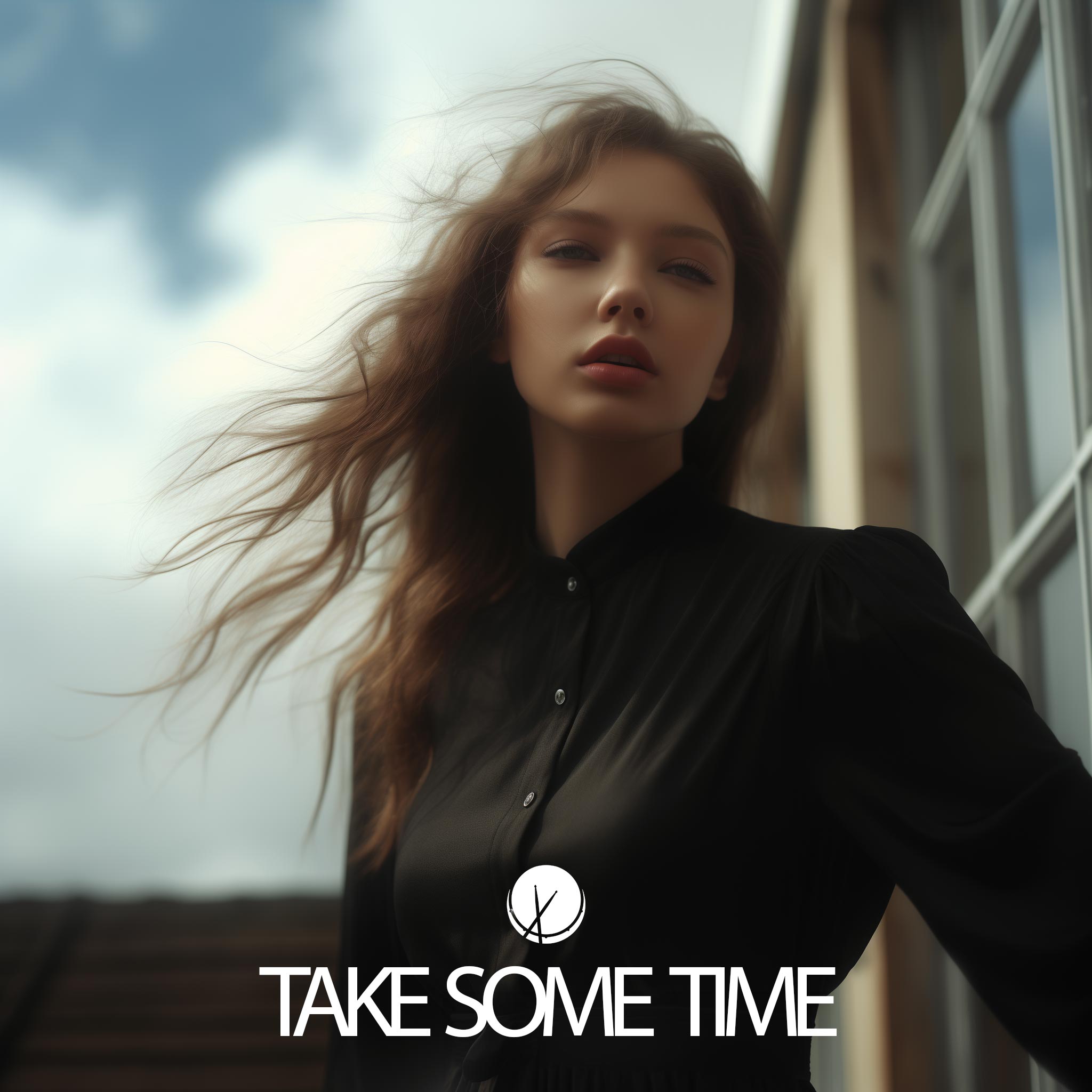 Eurasian Supermodel Wearing a Black Dress, Standing Outside, Brunette. Title: "Take Some Time."