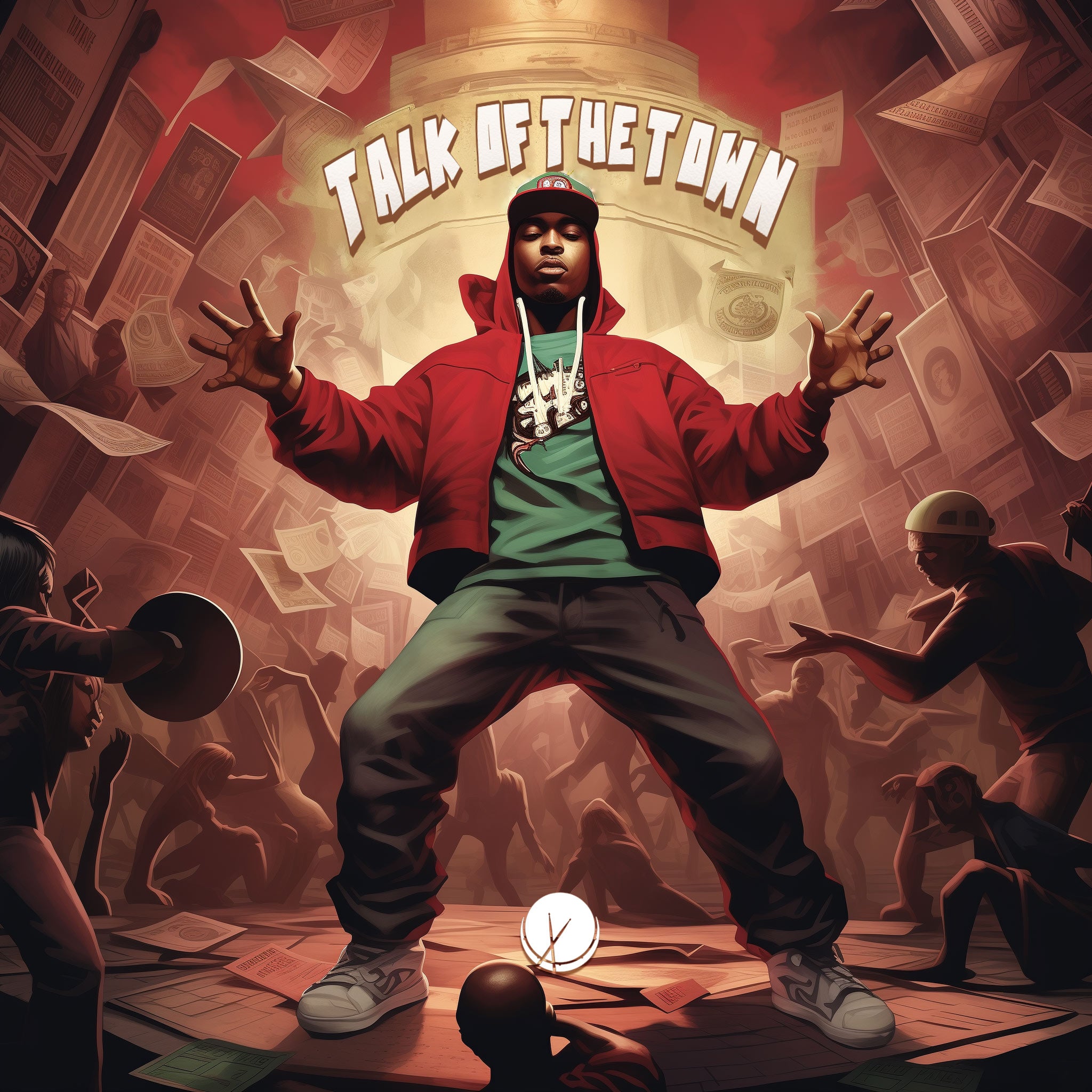 Hip-hop cover art titled "Talk of the Town" featuring a black man with a red jacket, surrounded by people. He is wearing a green t-shirt and jeans, creating a dynamic and urban scene.