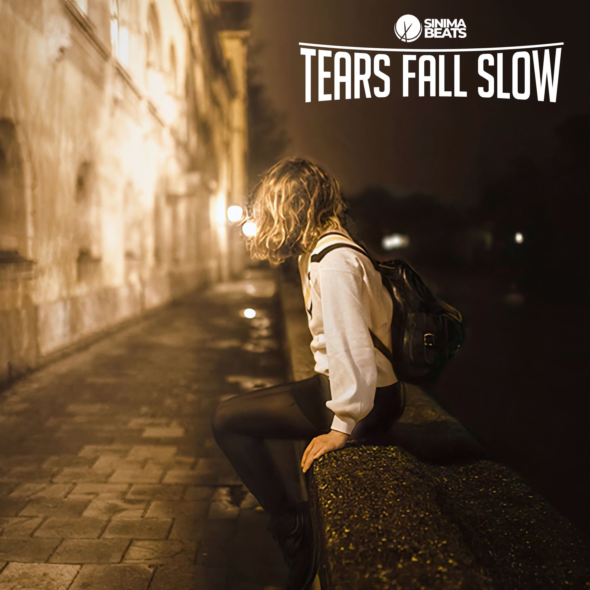 Woman Sitting on the Edge of a River, Blonde Curly Hair, Shoulder-Length, Wearing a White Sweater, Black Leather Backpack, Black Mini Skirt, Sneakers, and Stockings, Depicting Sadness at Night - Tears Fall Slow