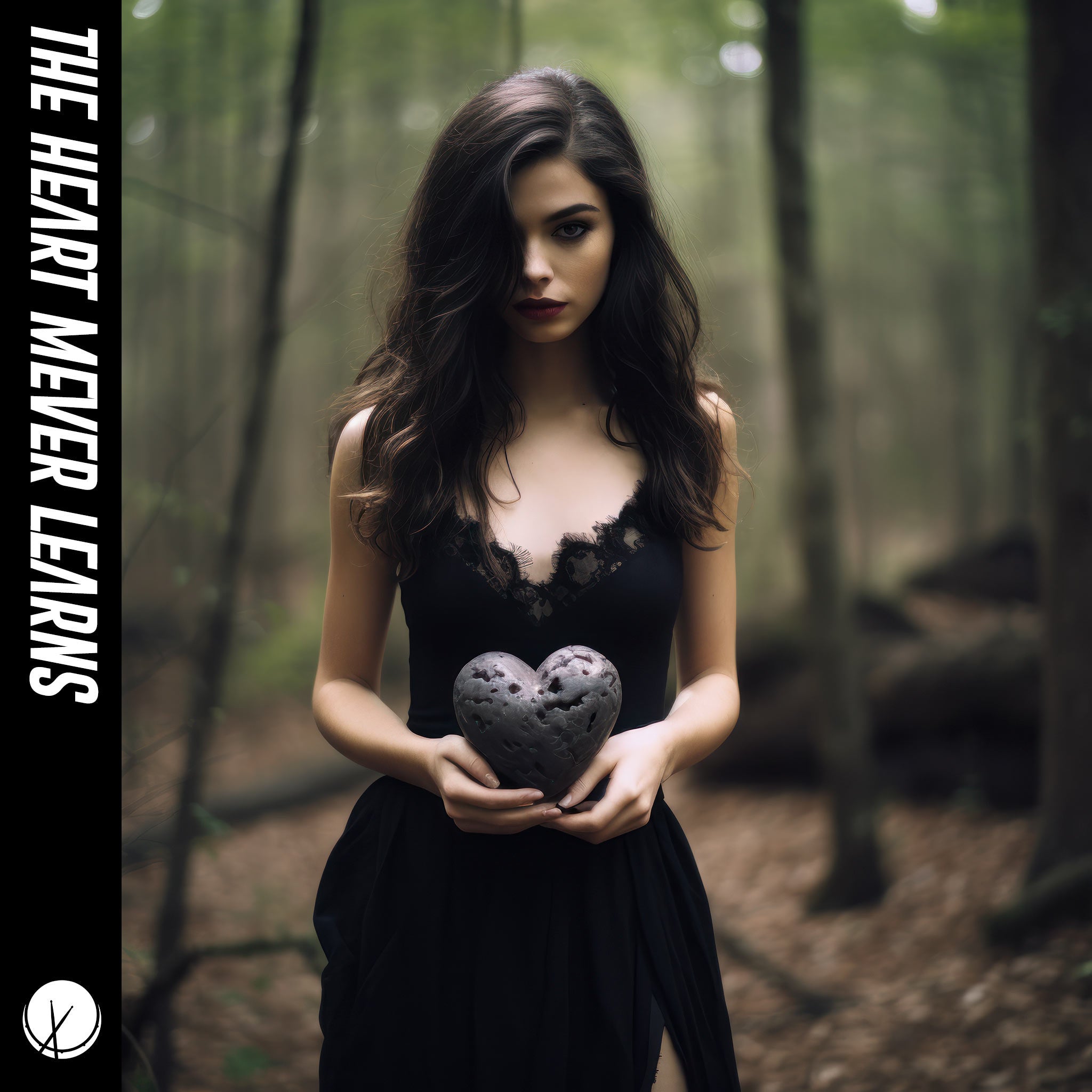 "The Heart Never Learns" - Slim Brunette Woman Wearing Black Dress, Holding a Faded White Stone Heart, With a Sad Expression, Standing in a Forest