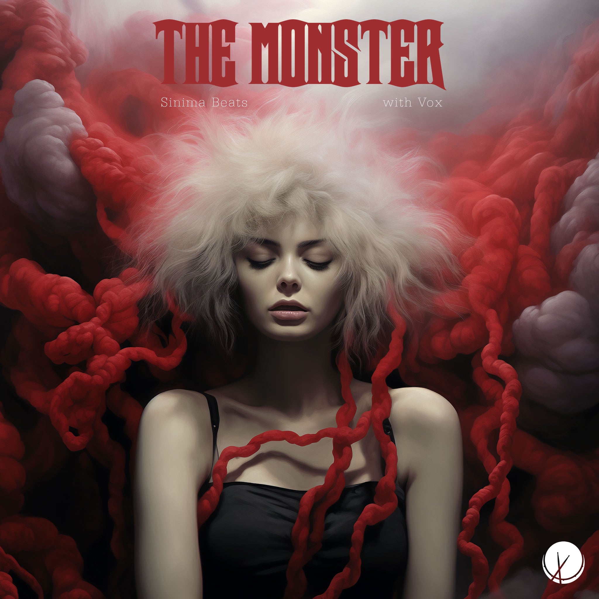 The Monster: Woman with Wild White Hair, Black Dress, Eyes Closed, Surrounded by What Appears to be Red and Gray Yarn.