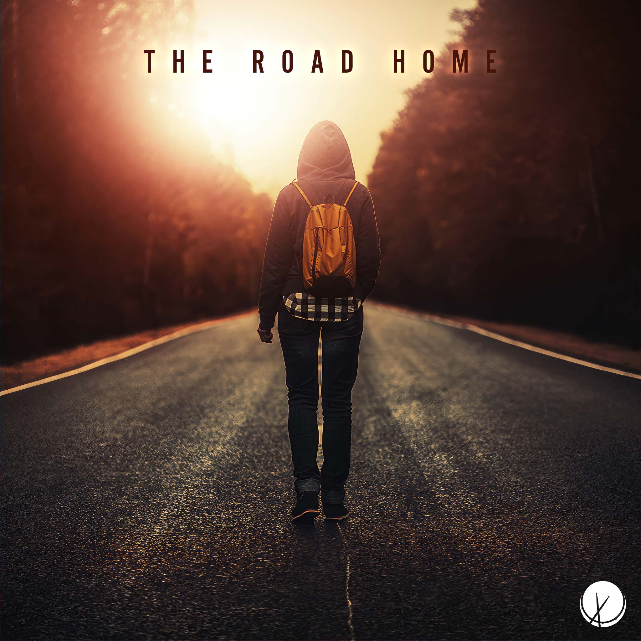 Person Wearing an Orange Backpack, Hooded Sweater, and Jeans, Walking Alone on a Paved Road in a Forest - The Road Home