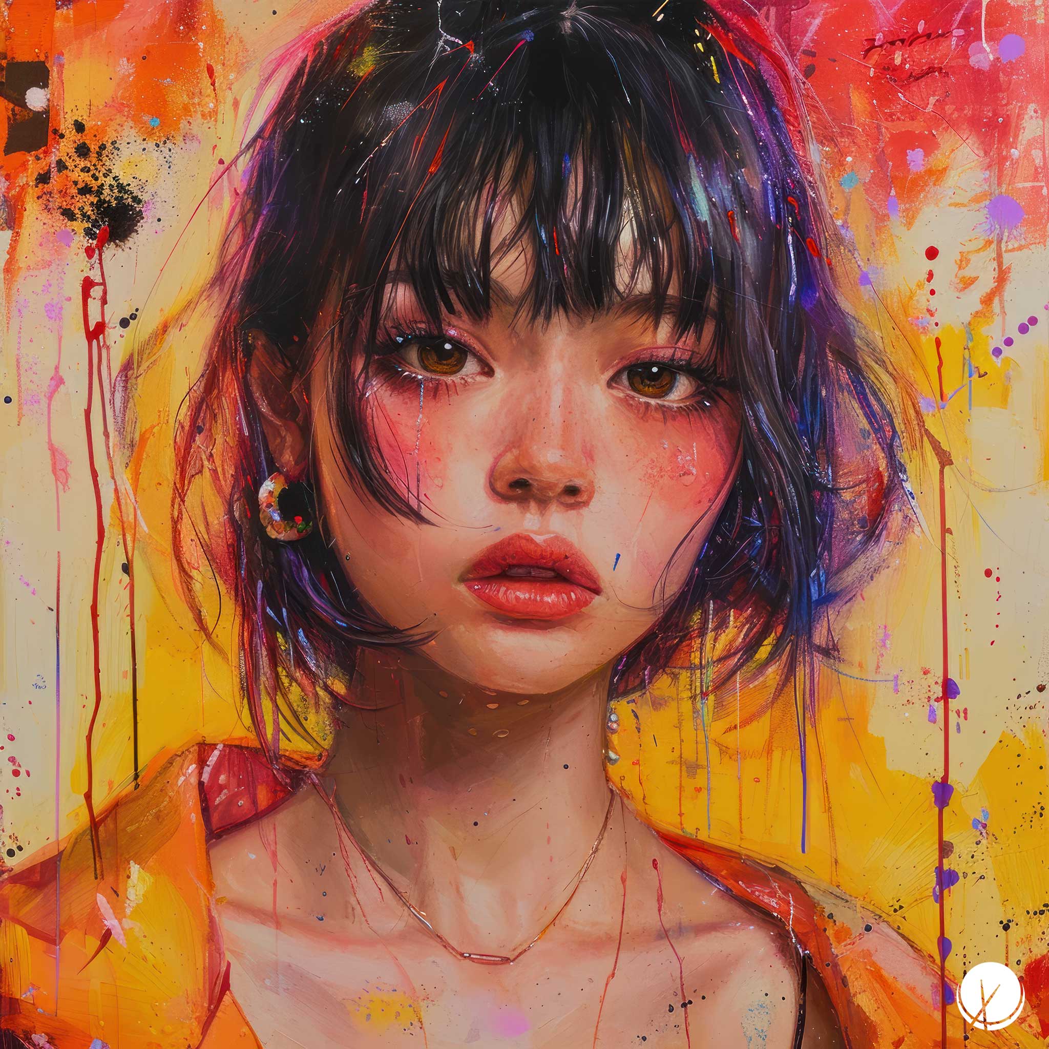 Illustration of Young Girl from Tokyo with Paint Splatter, Wearing a Yellow Jacket. Title: "Tired of Trying."