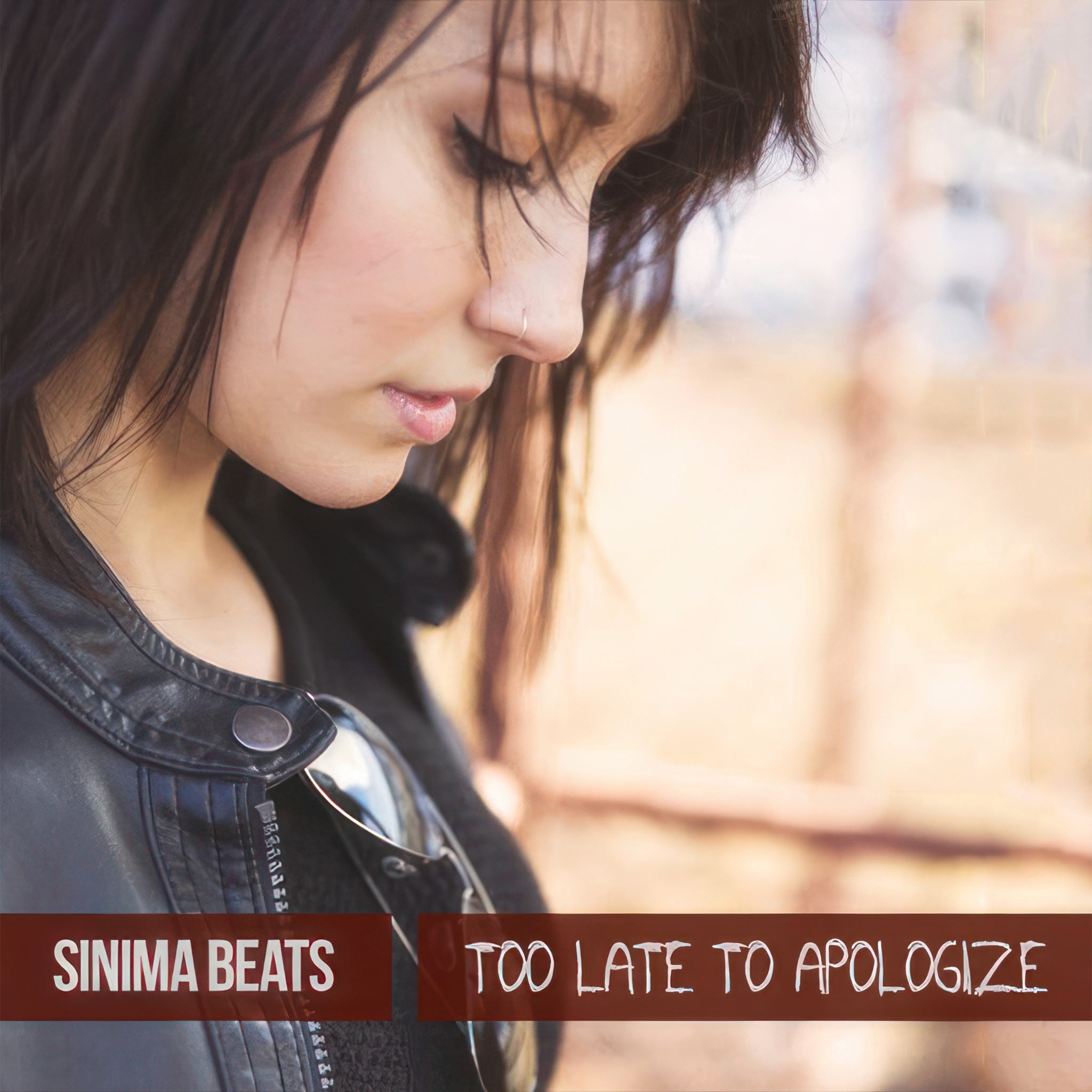 "Too Late to Apologize" - Woman Looking Down, Outside, Wearing Black Leather Jacket, Nose Ring