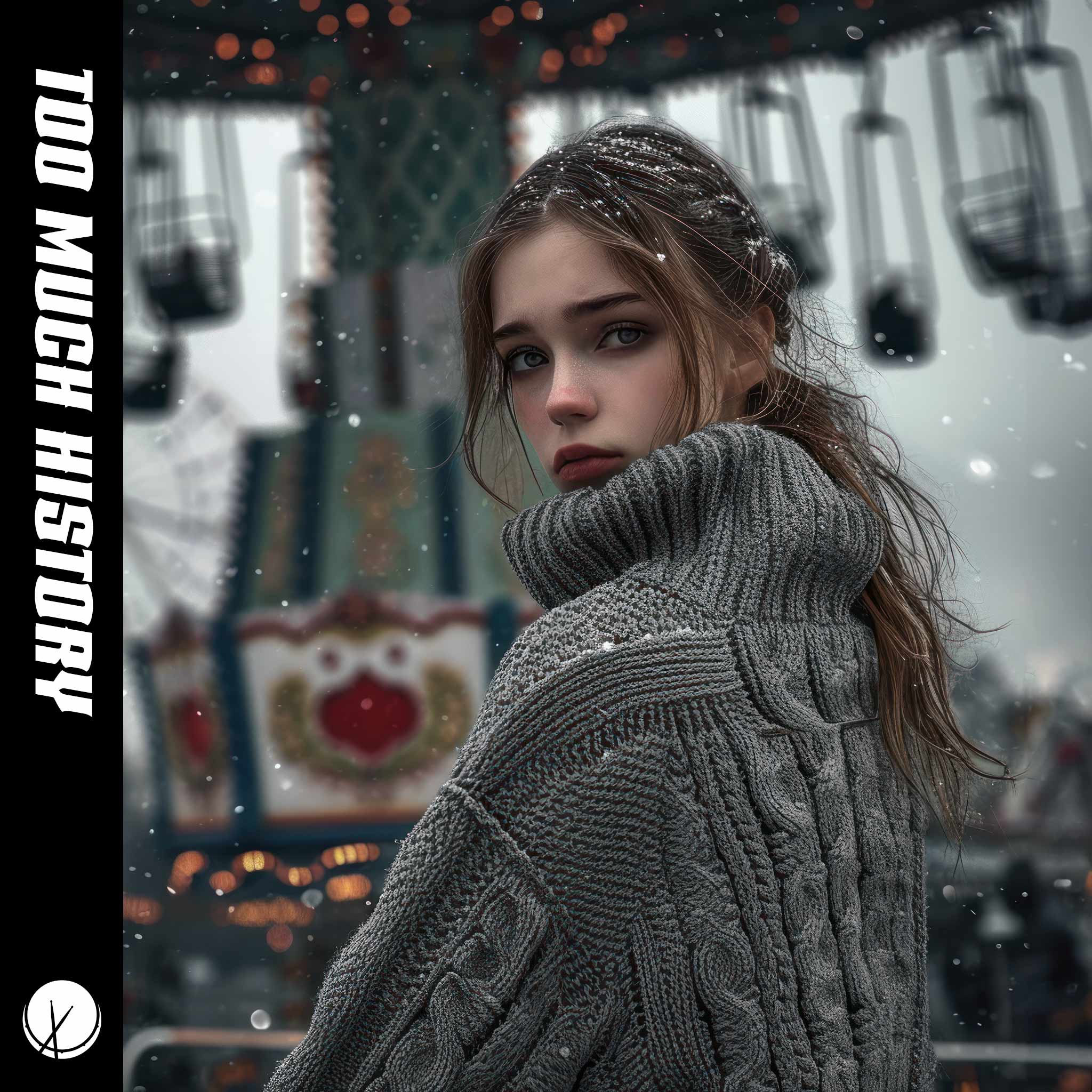 Beautiful Young Girl Wearing a Gray Oversized Knitted Sweater in Amusement Park with it Snowing on a Cloudy Day. Title: "Too Much History."