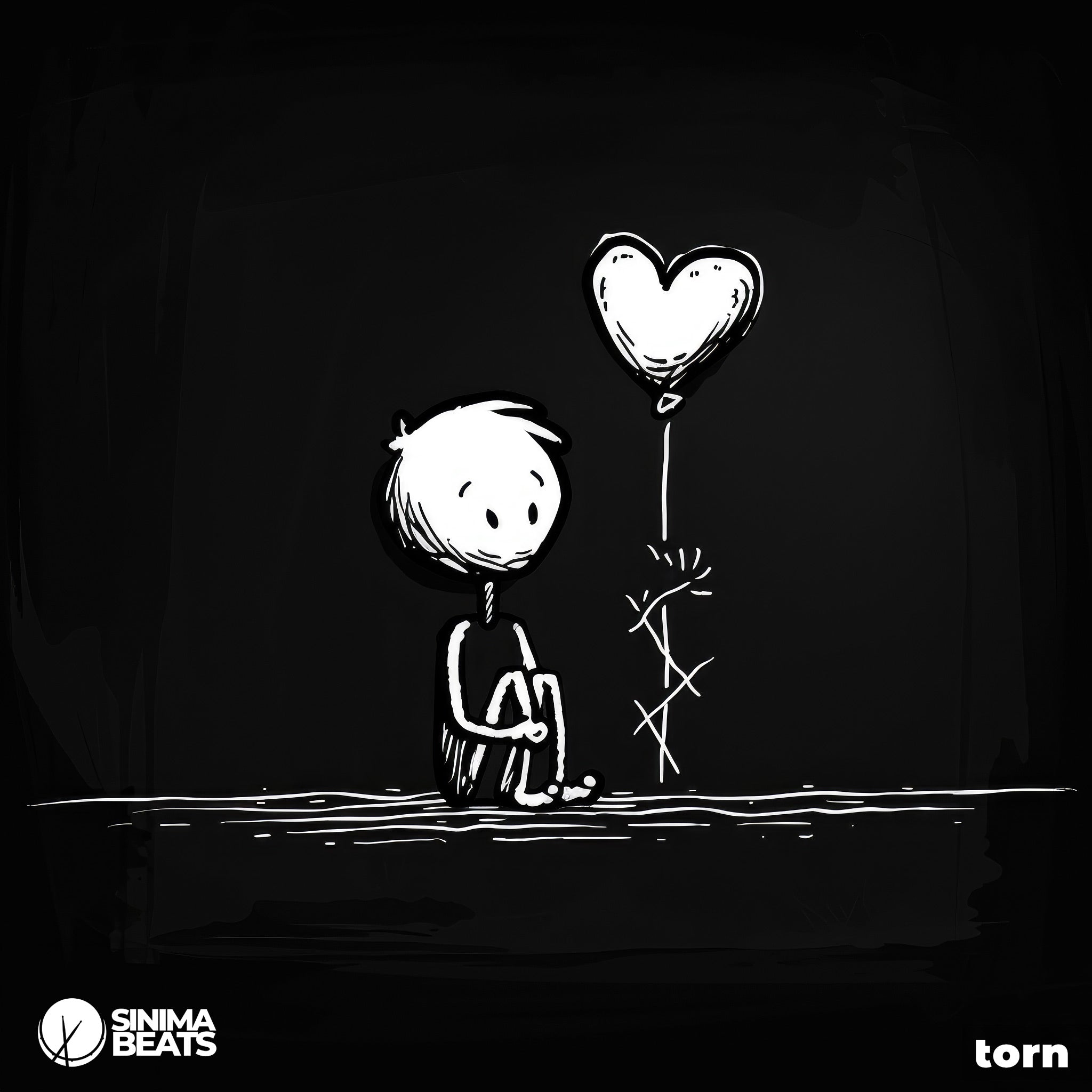 Sad Stick Figure Sitting and Looking at a Heart-Shaped Helium Balloon with a Tearing String, Causing It to Float Away over Black Background - Torn