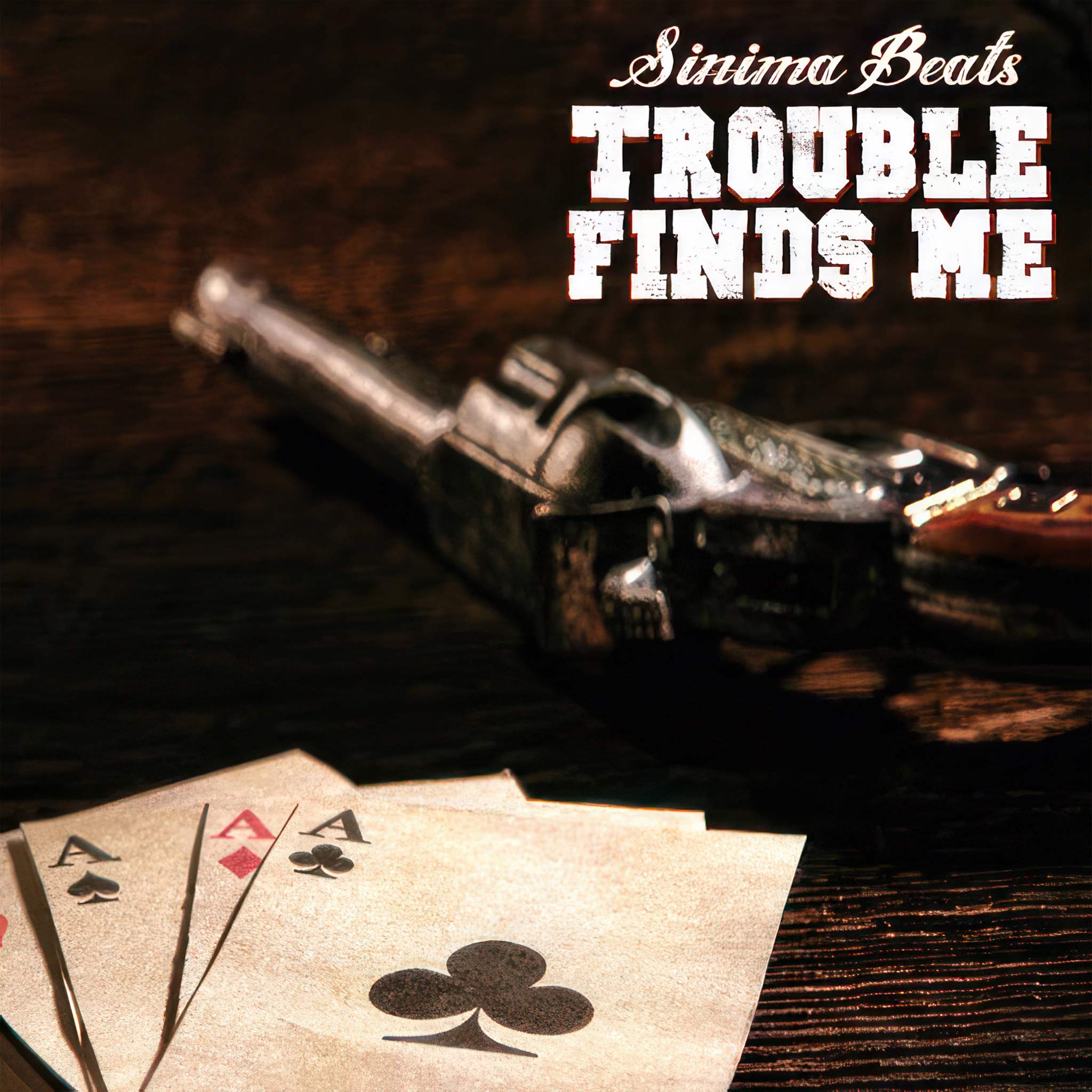 "Trouble Finds Me" - Photograph of Revolver Gun, Playing Cards (Aces) on Wooden Table with a Country Theme