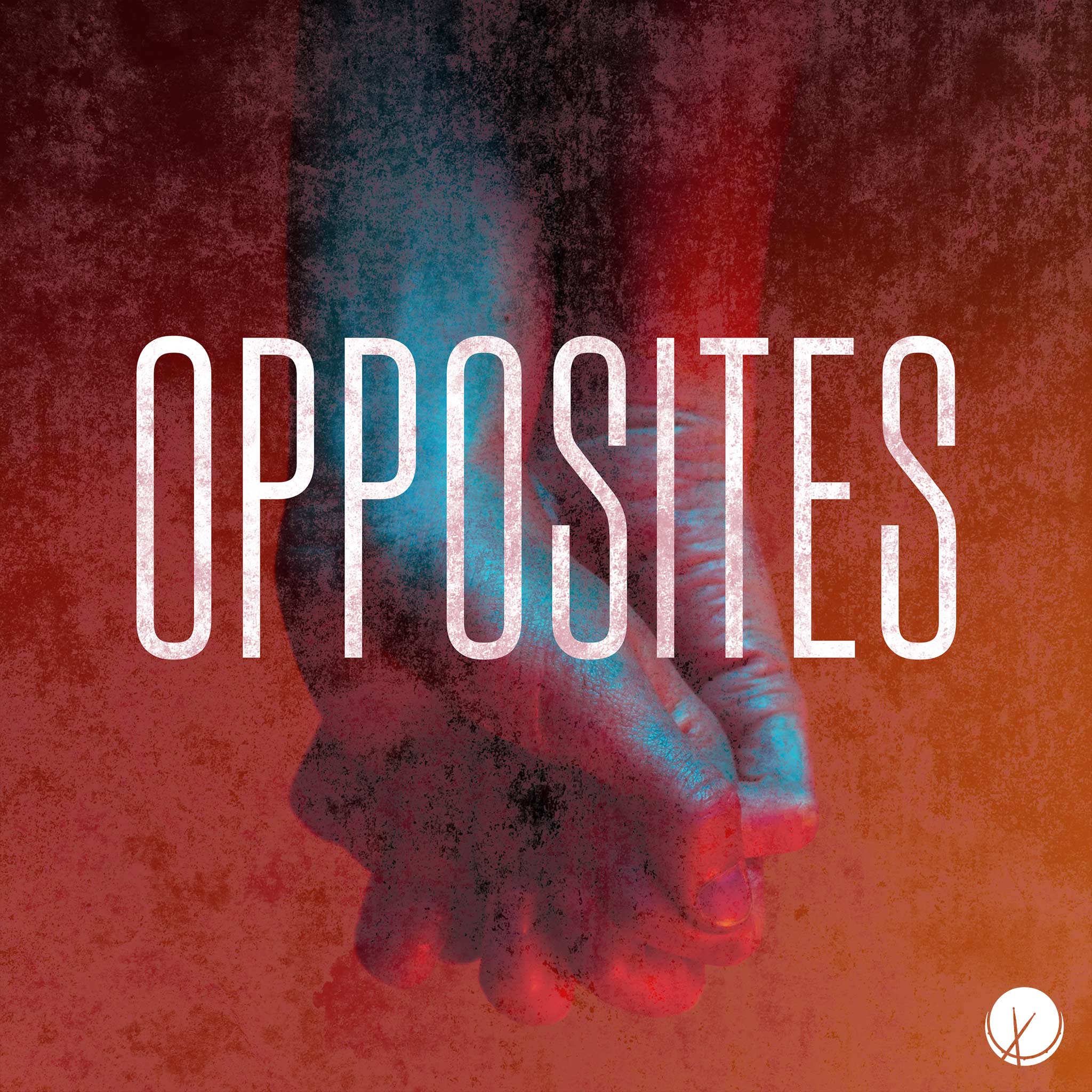 Reggae cover art titled "Opposites" featuring an image of two hands held in a downward direction against a textured background with a predominant color of orange.