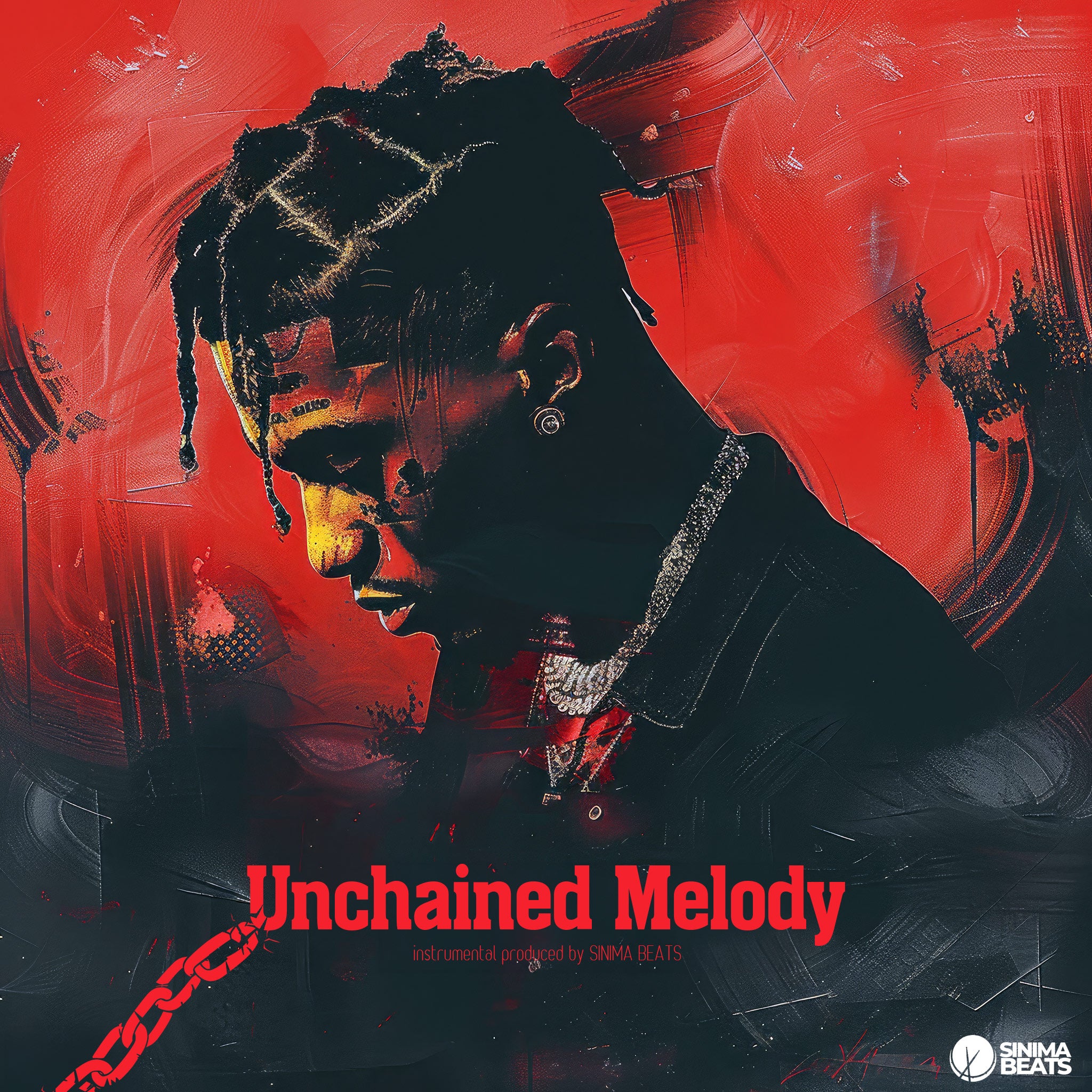 African-American Rapper with Short Dreads and Tattoos Wearing Silver Chains in Oil Painting Style with Title Text Having Broken Chain Link - Unchained Melody