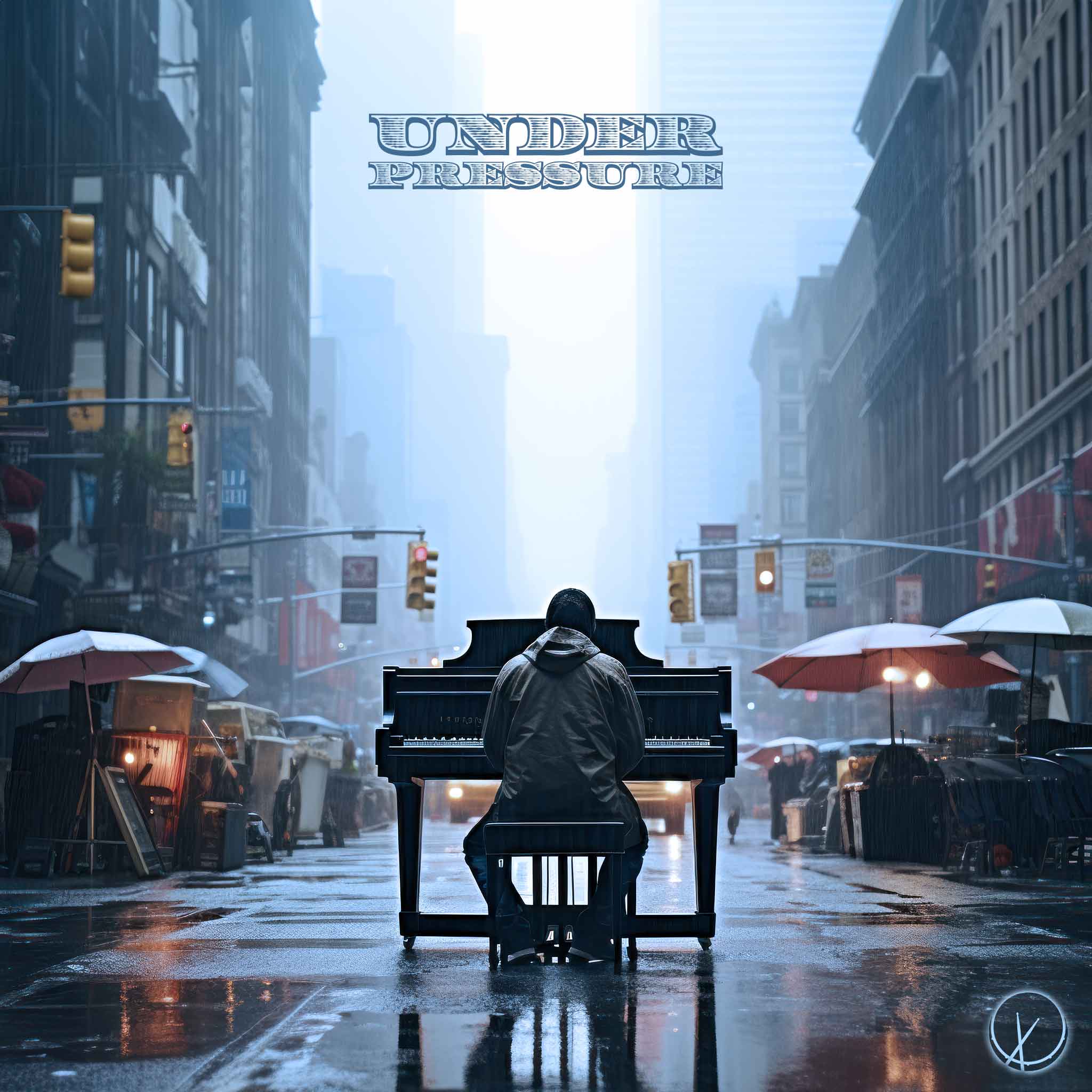 Man playing piano on street on a rainy day in an urban setting with city buildings