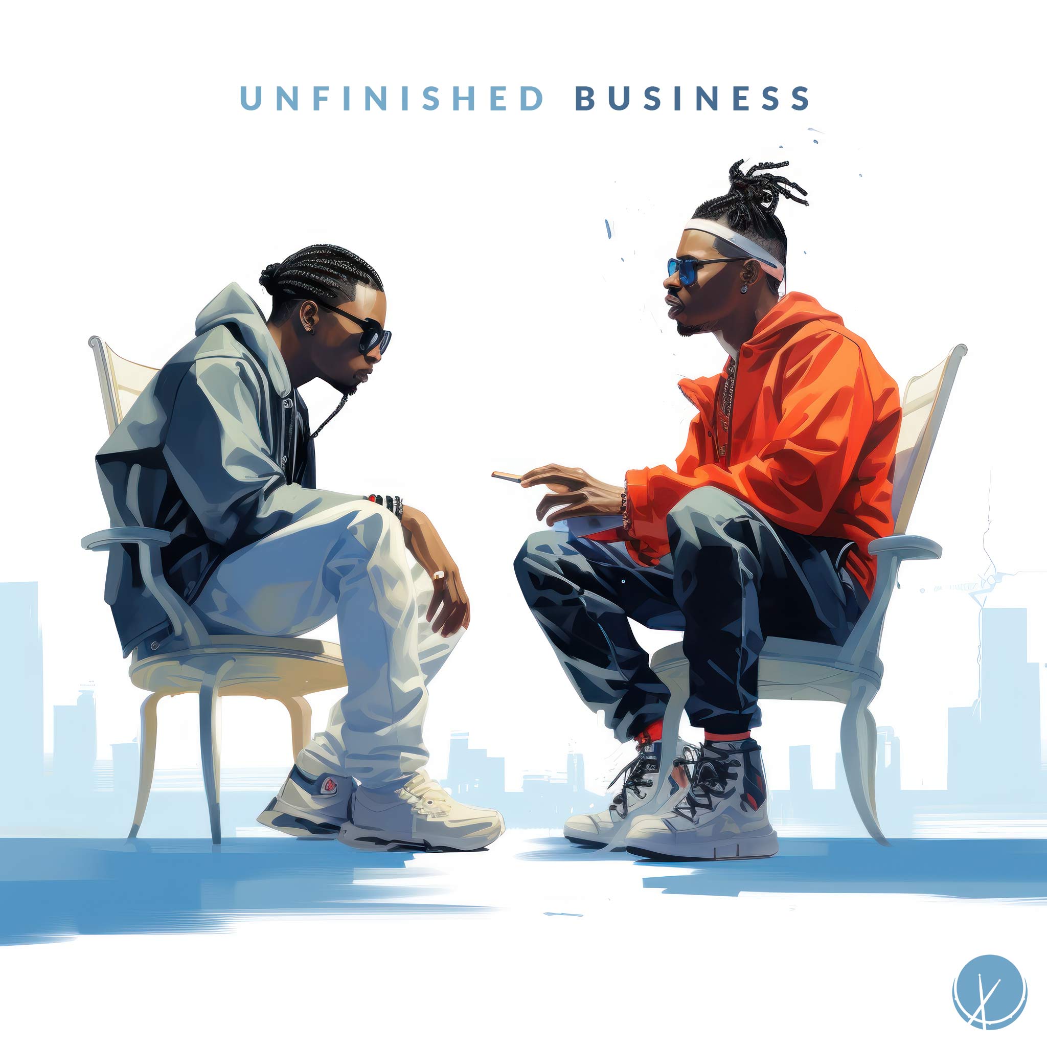 Two Rappers Conversing While Seated on a Solid White Background - Unfinished Business