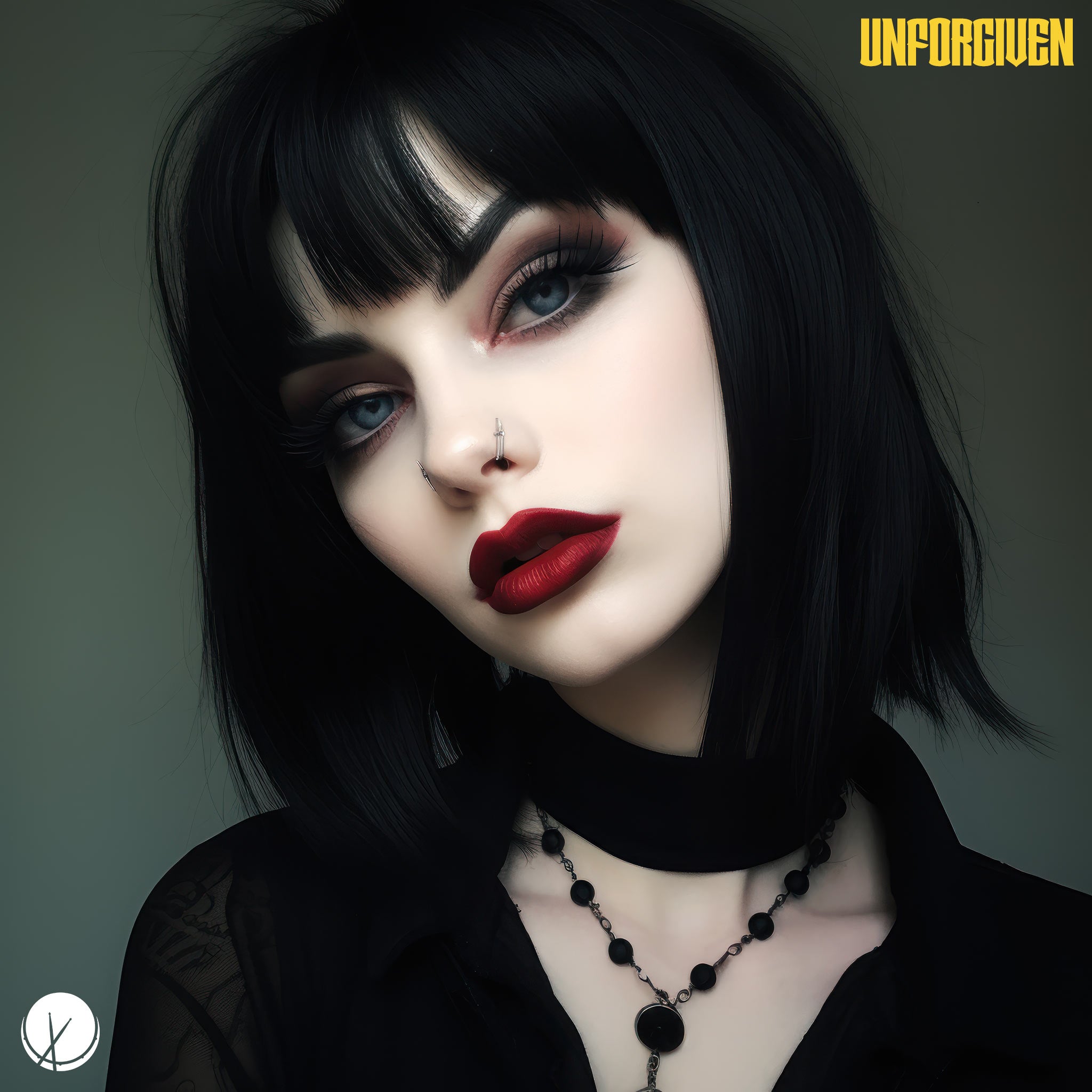 "Unforgiven" - Pretty Goth Girl Wearing All Black with Pale Make-Up, Bright Red Lipstick, and Eye Shadow