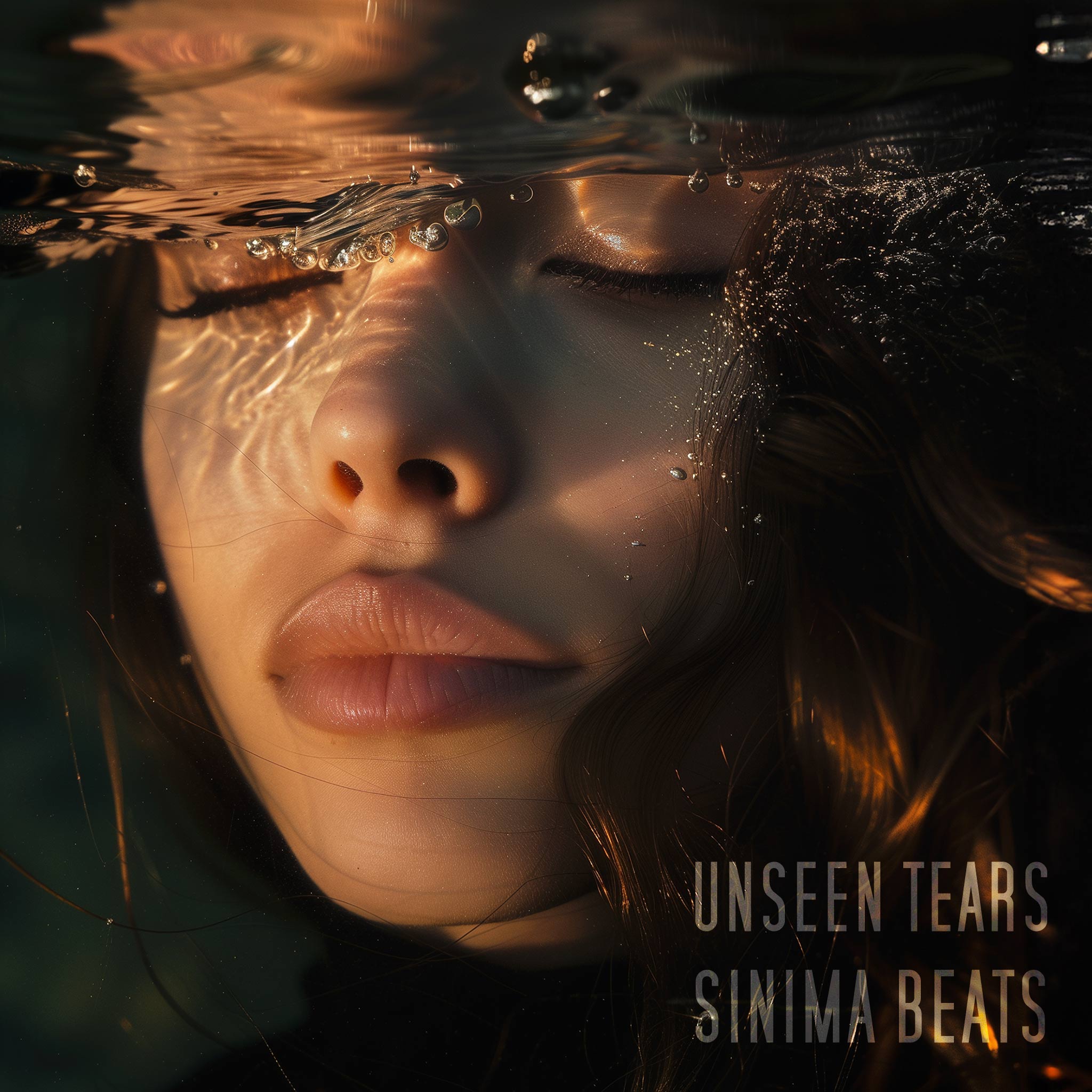 Close-up of a beautiful brunette woman with her eyes closed, submerged underwater, evoking the emotion of 'Unseen Tears.'