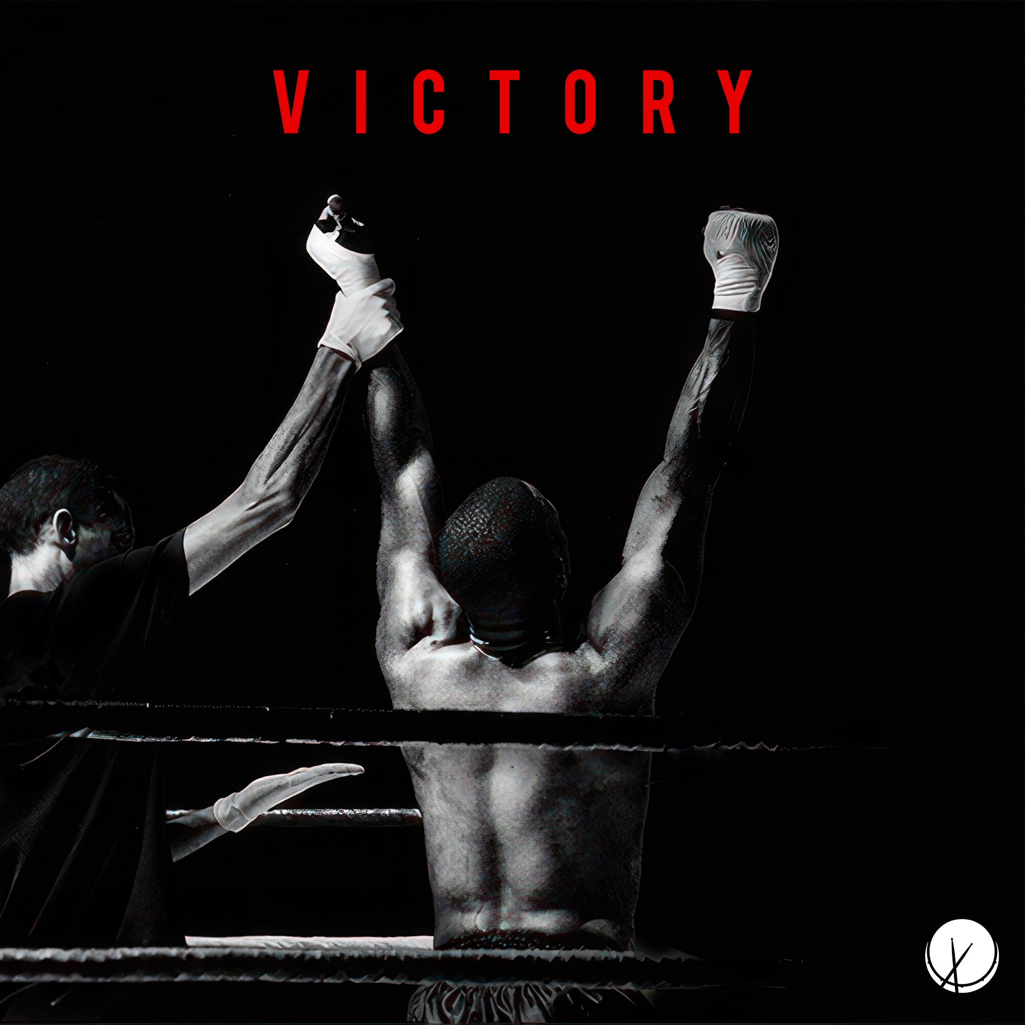 Black Boxer Lifting Both Hands, Declared the Winner of the Bout, Solid Black Background - Victory