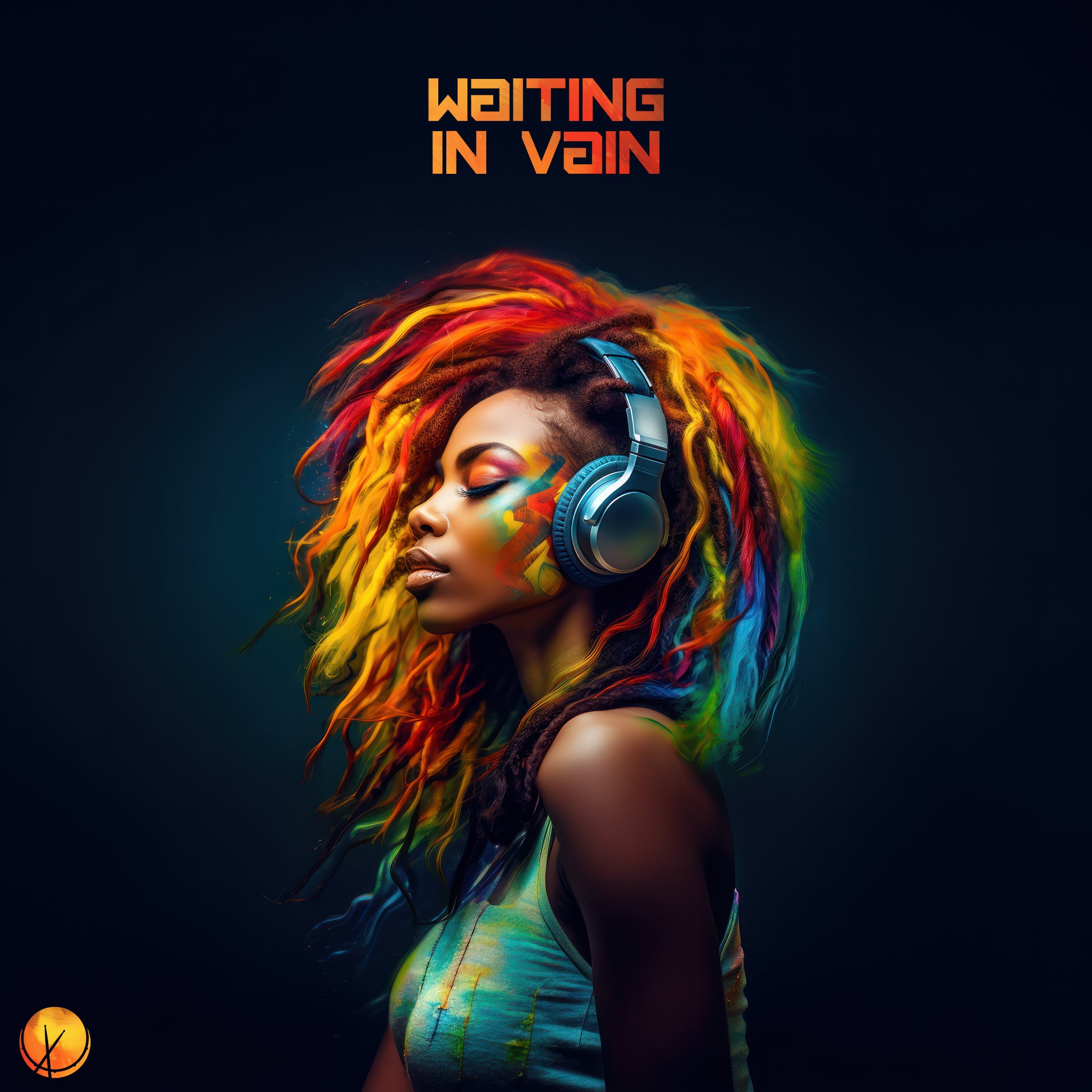 "Waiting in Vain" - Rastafarian Woman with Eyes Closed, Wearing Headphones, Surrounded by Vibrant Colors