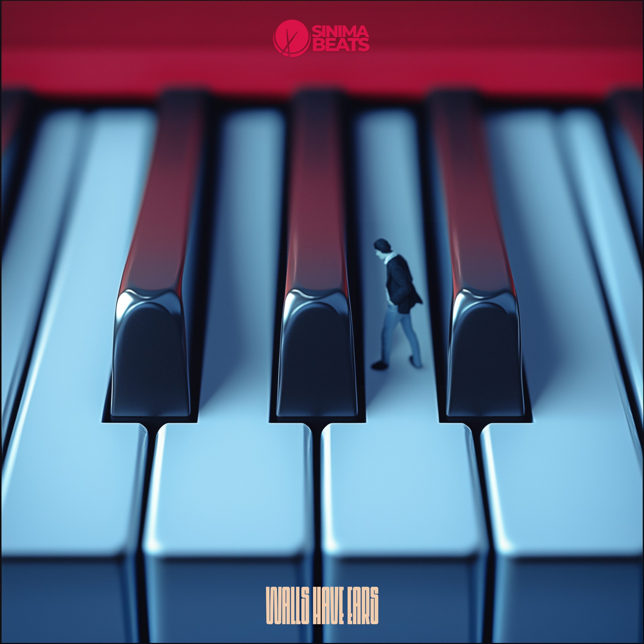 An artistic close-up of piano keys with a small, blurred figure of a man in a blazer jacket. Bathed in a moody red light, this image exudes a hip-hop vibe, perfect for a music cover art. - Walls Have Ears