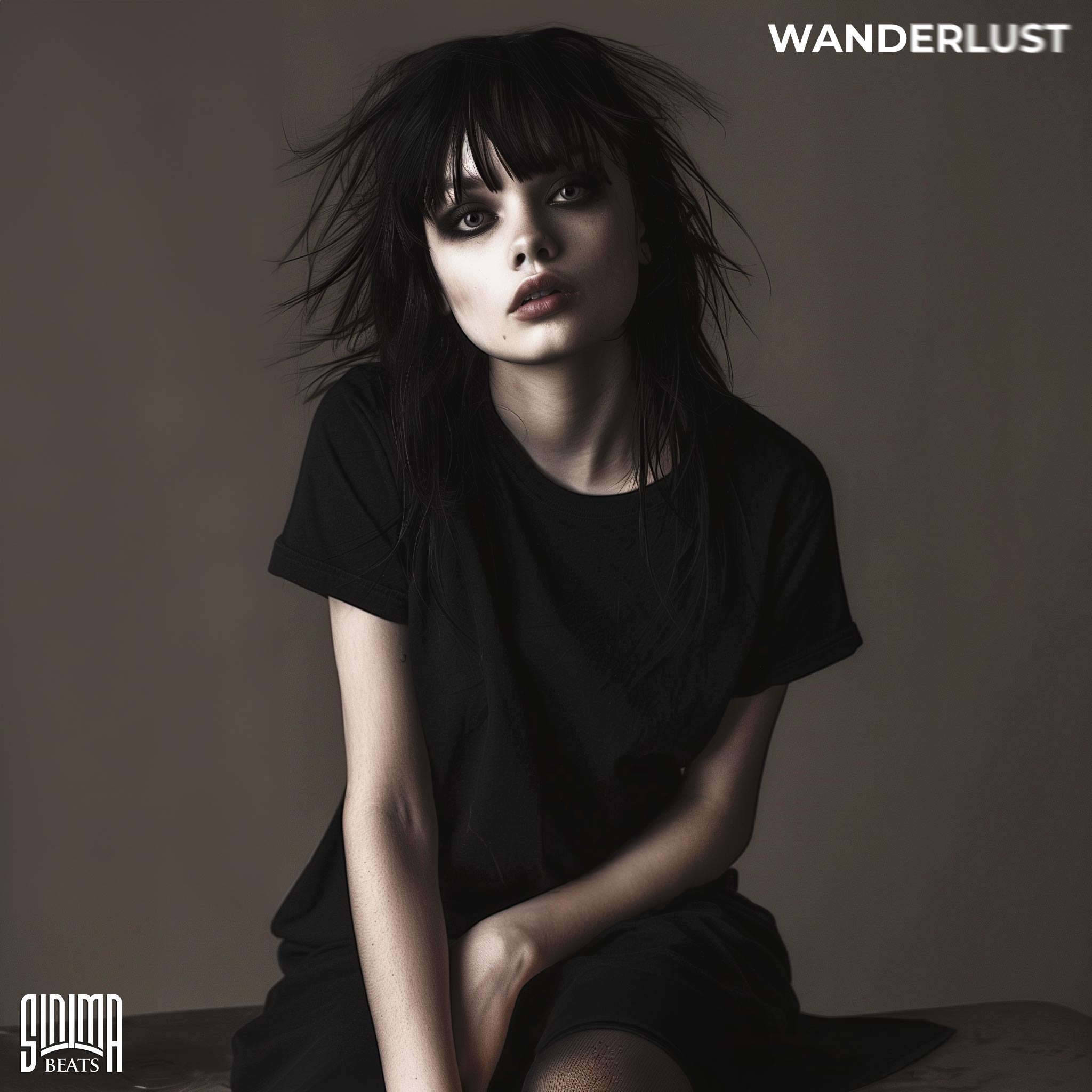 Attractive goth girl with pale skin, sitting in a black one-piece skirt against an earth-tone brown background, embodying the essence of 'Wanderlust.'