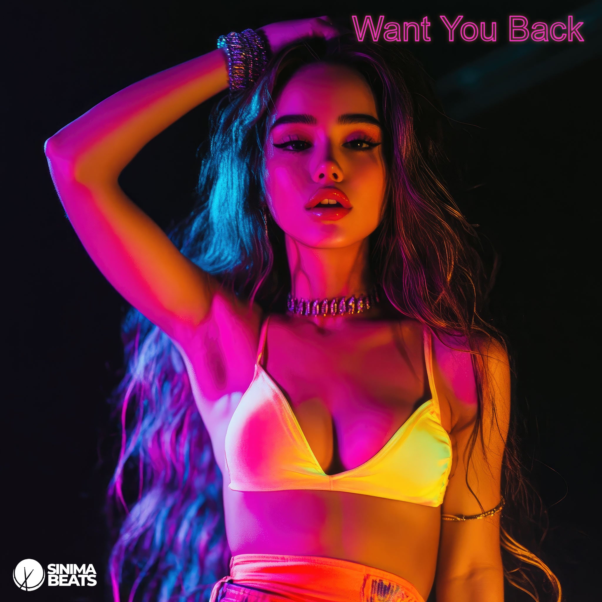 Attractive Latina Woman Wearing a Bikini Dancing with Neon Lighting Reflecting Off of Her, Reggae Cover Art Design - Want You Back