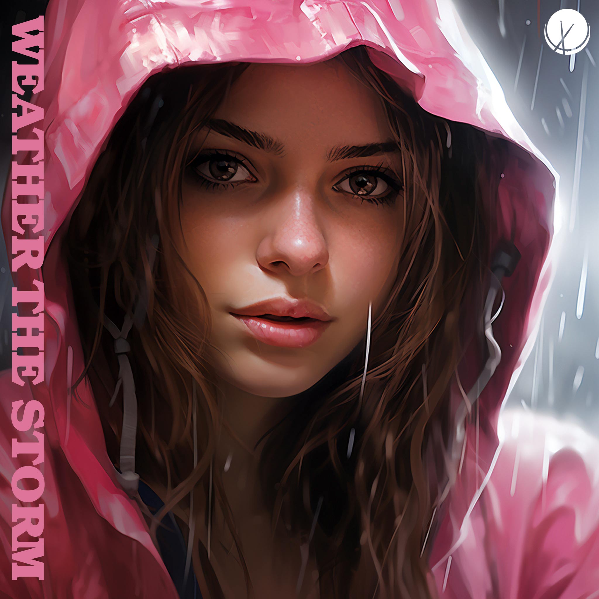 Illustration of a Girl in a Pink Rain Jacket with Hood, Close-Up of Face, Looking Pretty, with Rain Falling Drops - Weather the Storm