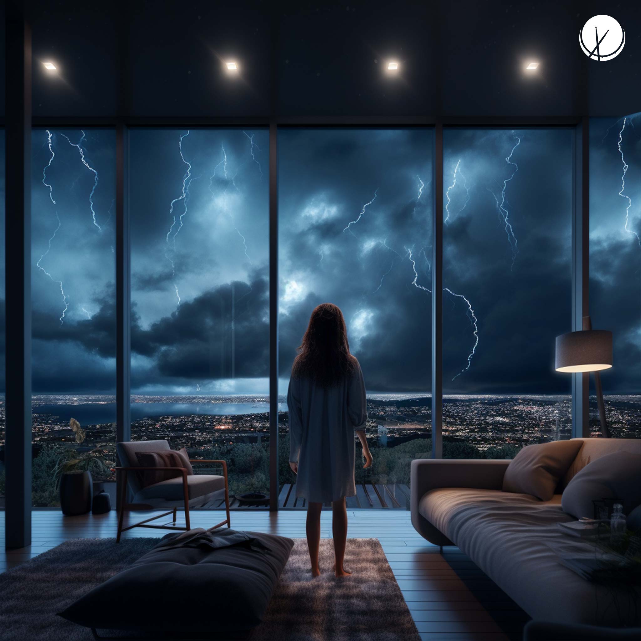 Woman Standing in Apartment by Opening Which Displays Dark Cloudy Sky with Lightning - Ultra-Realistic Photorealistic 8K Cinematic - Weeping Skies