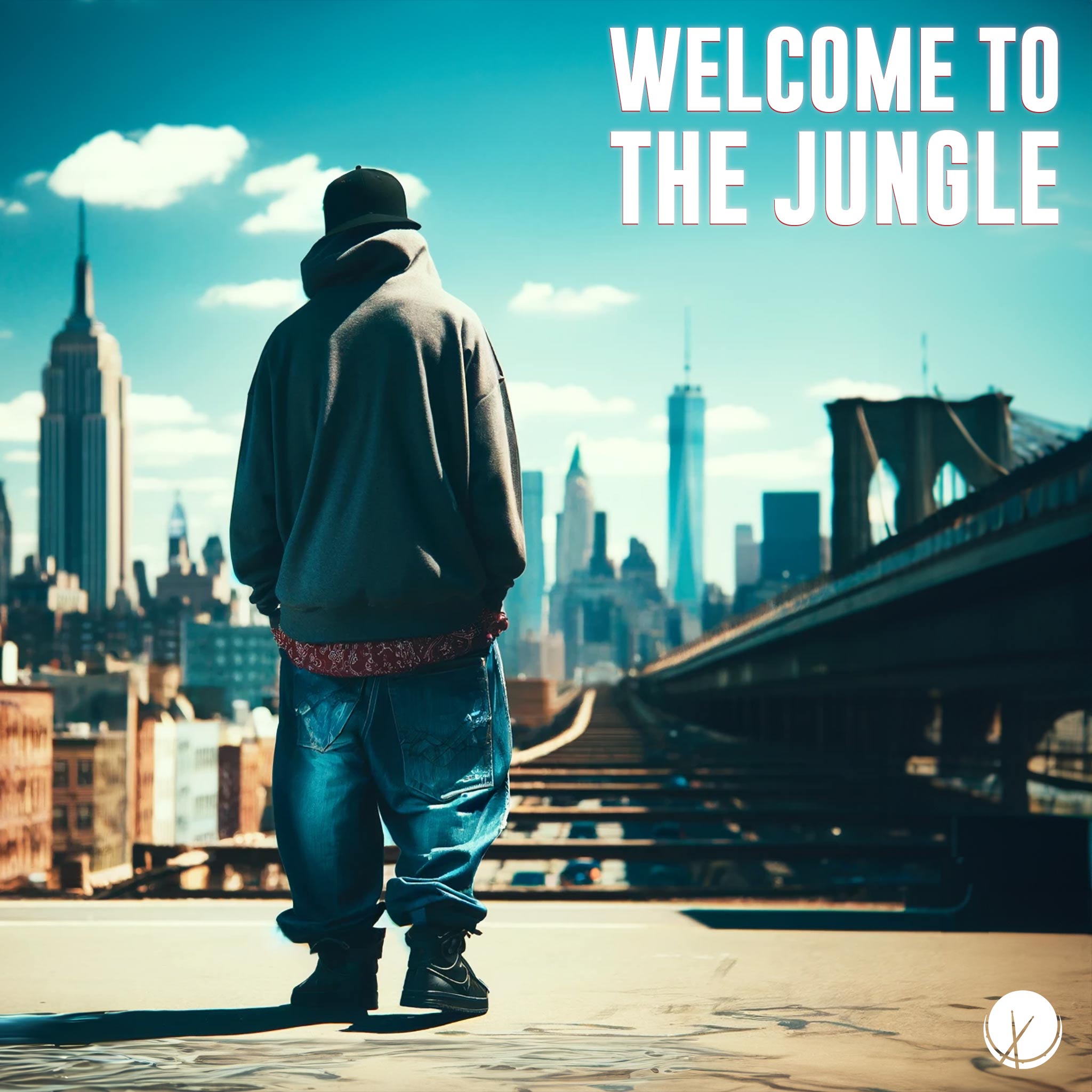 A man in urban-style baggy clothing stands and stares out at New York City, embodying a "welcome to the jungle" vibe.