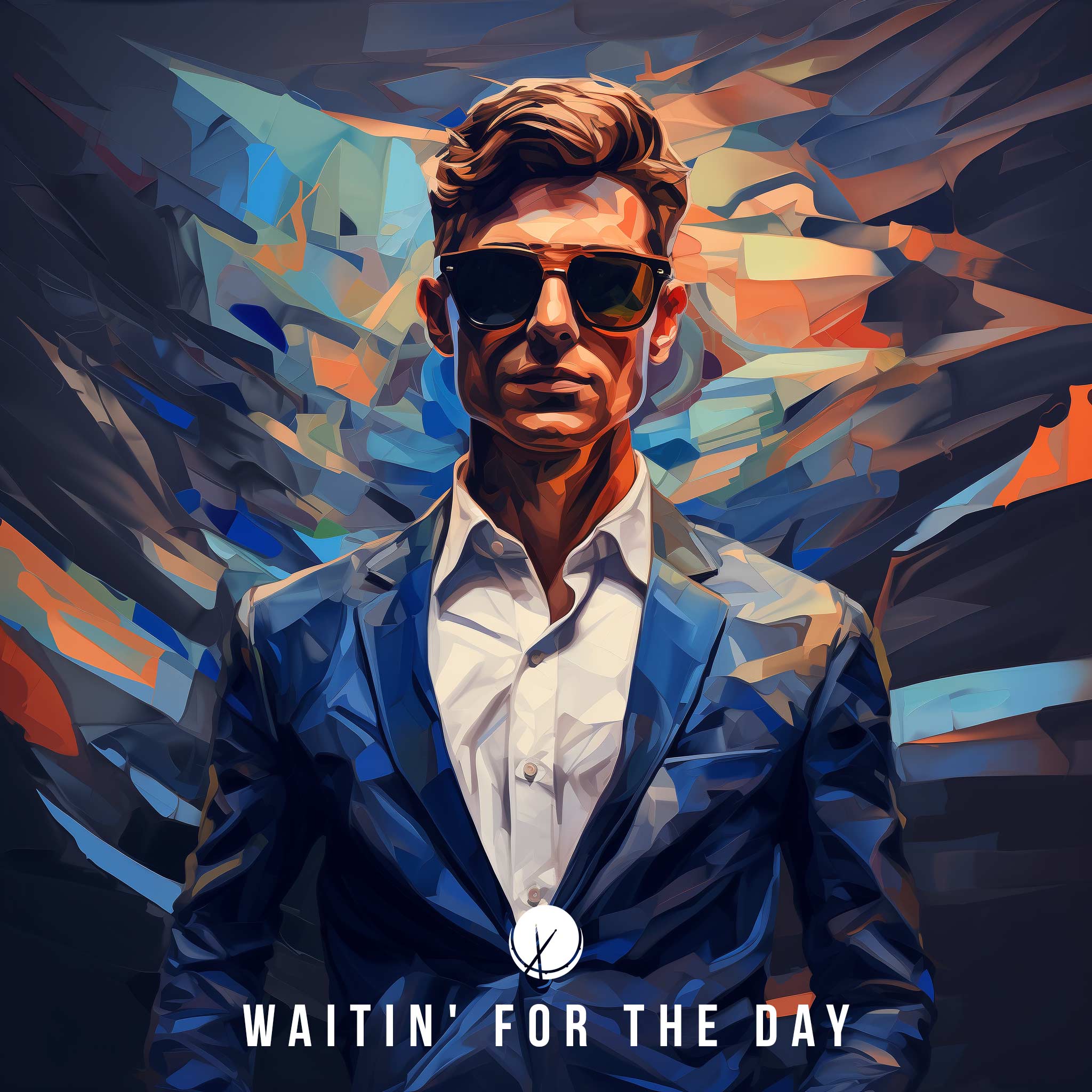 Painted illustration of a well-dressed man in a blue blazer and dress shirt, wearing sunglasses. Title: "Waitin' for the Day."