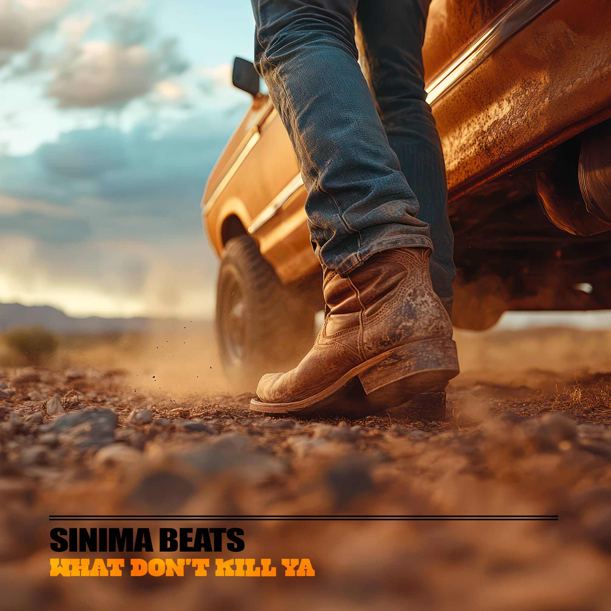 A rugged cowboy wearing classic brown boots and blue jeans steps out of a vintage Ford Bronco on a dusty desert road under a bright sunny sky. This scene captures the essence of country living, showcasing the adventurous spirit of the American West. The dusty ground and vibrant sunlight enhance the feeling of freedom and exploration, making it the perfect visual representation for the "What Don't Kill Ya" theme, blending cowboy culture with modern influences.