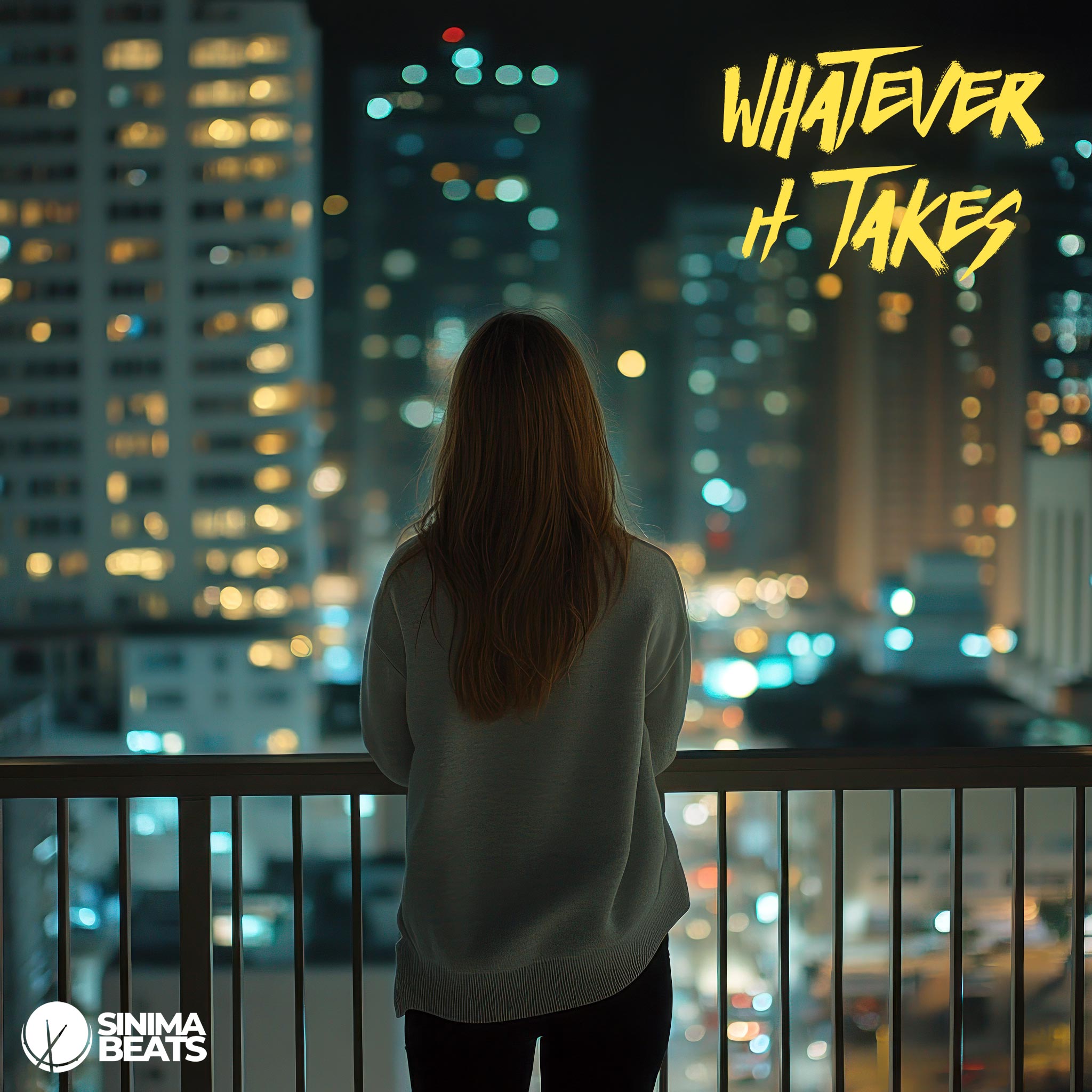 Girl Standing on Balcony Overlooking City at Night, Depicting Motivational Contemplation - Whatever It Takes