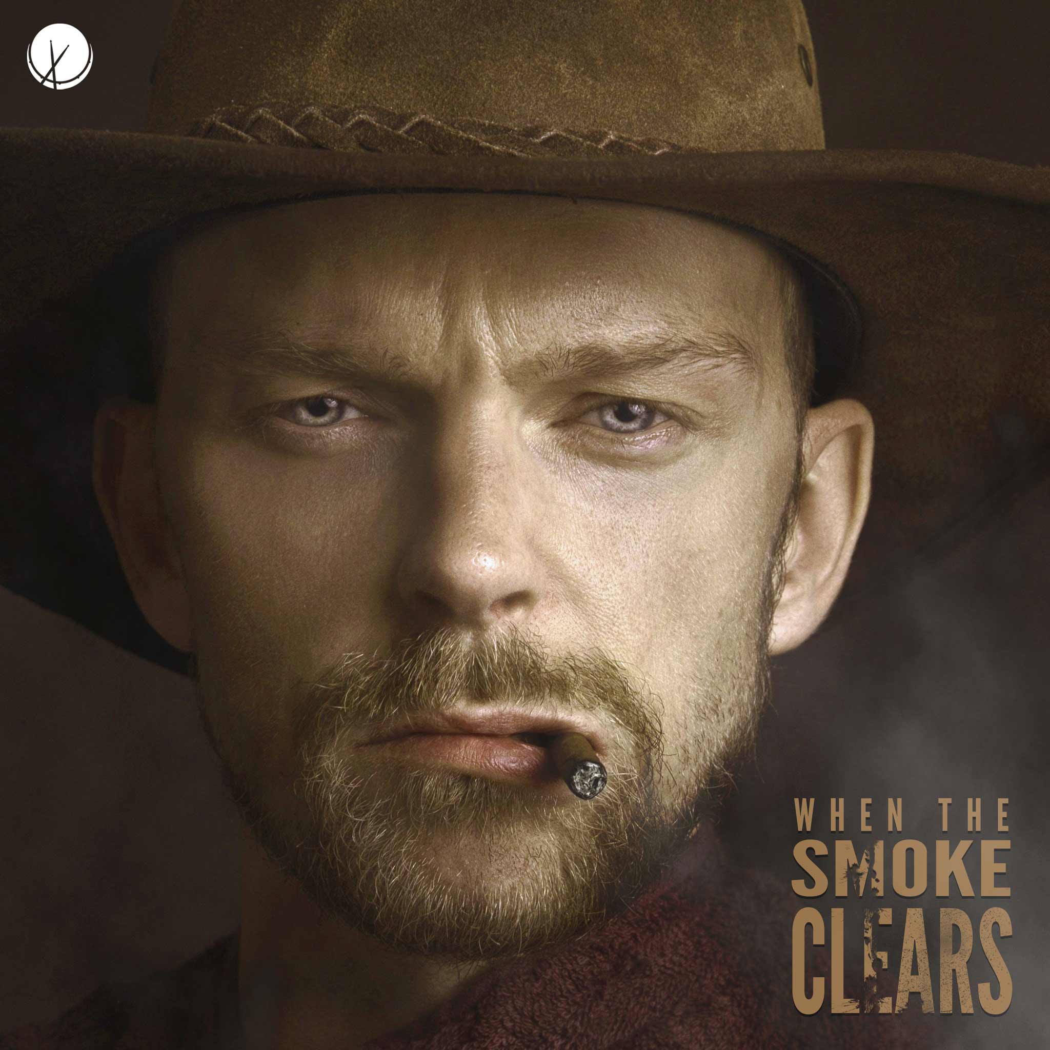 when-the-smoke-clears-close-up-mans-face-cowboy-hat-beard-cigar-smoke-serious-expression-country-music-cover-art