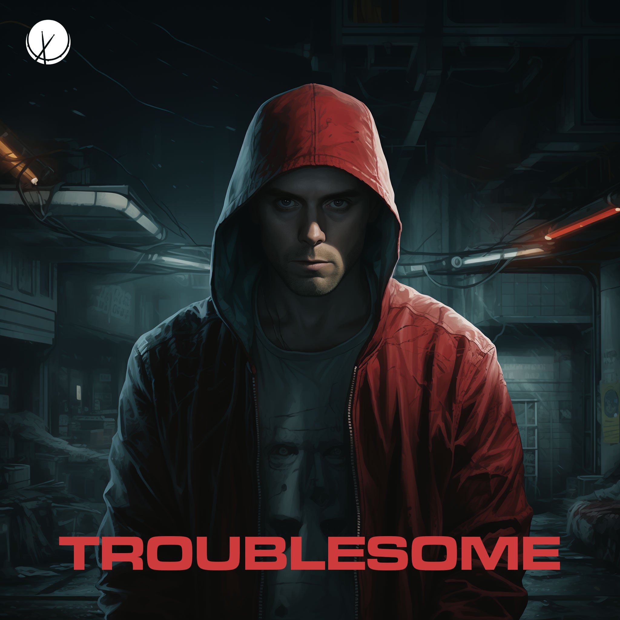 White rapper with a red hoodie in a facility, wearing a white t-shirt with a serious expression, emitting a dangerous vibe. Title: "Troublesome."