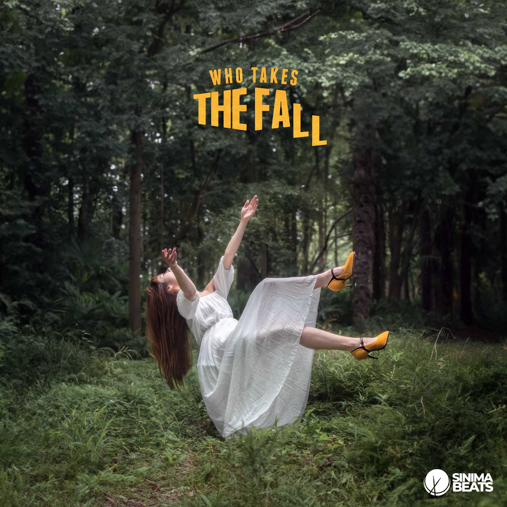 Woman With Chestnut Hair in a White Dress and Yellow-Black High Heels Falling Towards Grassy Ground Near a Forest - Who Takes the Fall