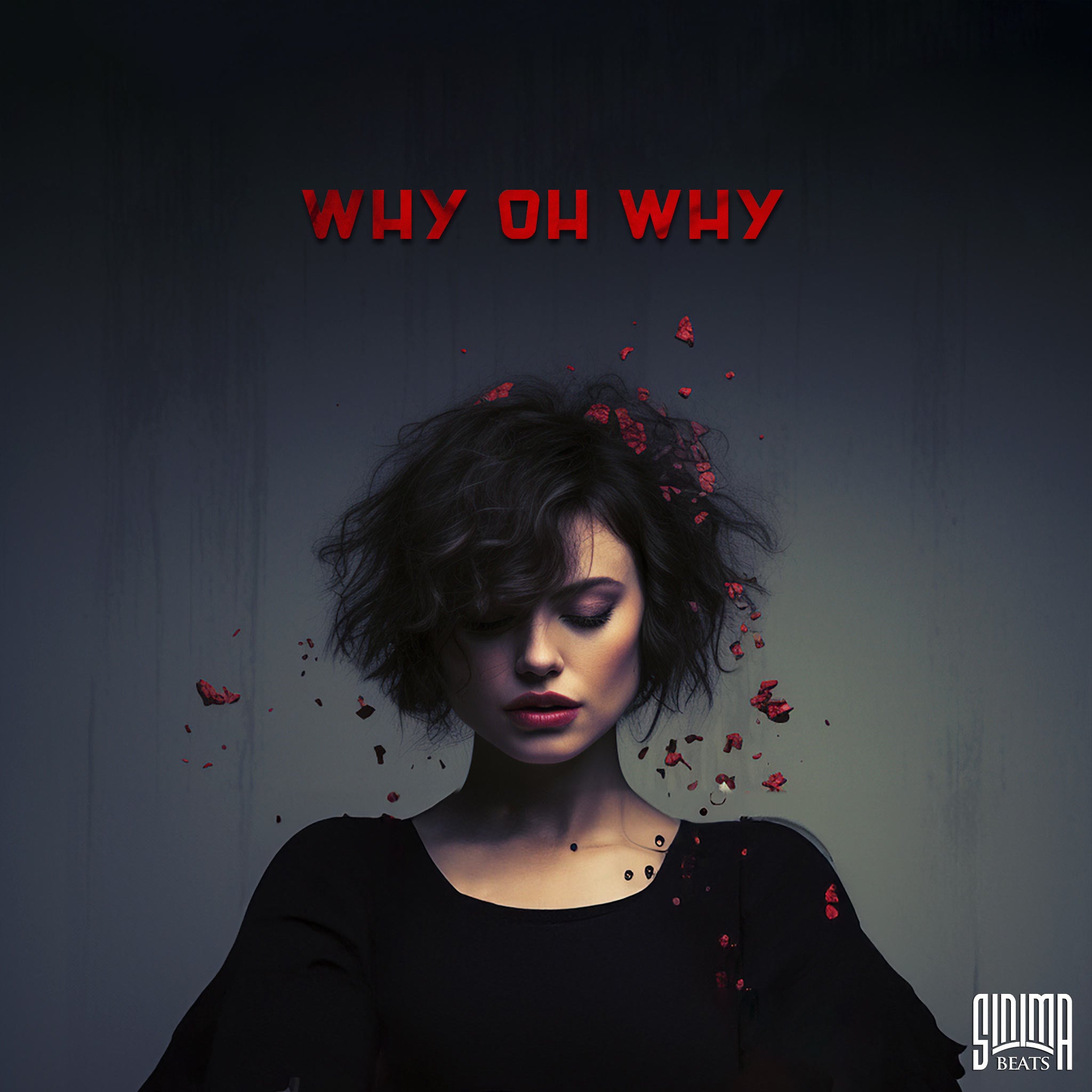 Dark Haired Woman with Curly Hair and Eyes Closed, Wearing Black Dress with Crushed Red Rose Petals Falling Onto Her Head. Title: "Why Oh Why."