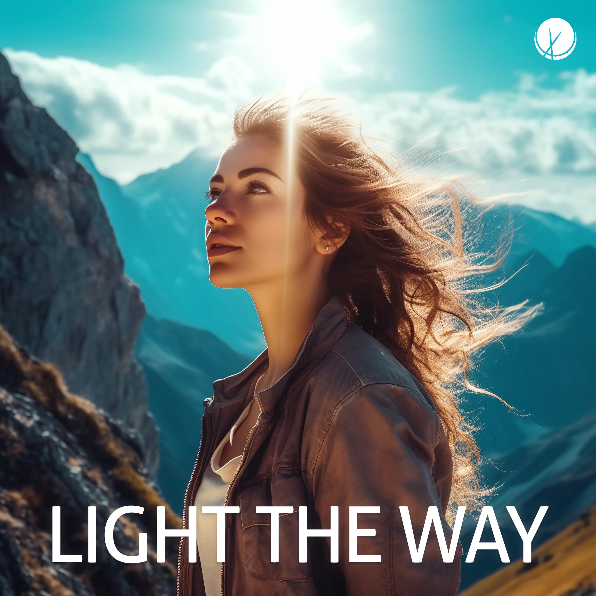 Ultrarealistic stock photo-style photography of a woman looking up from a mountain in daylight with vibrant colors. Captured in 8K resolution with the sun shining brightly. Title: "Light the Way."