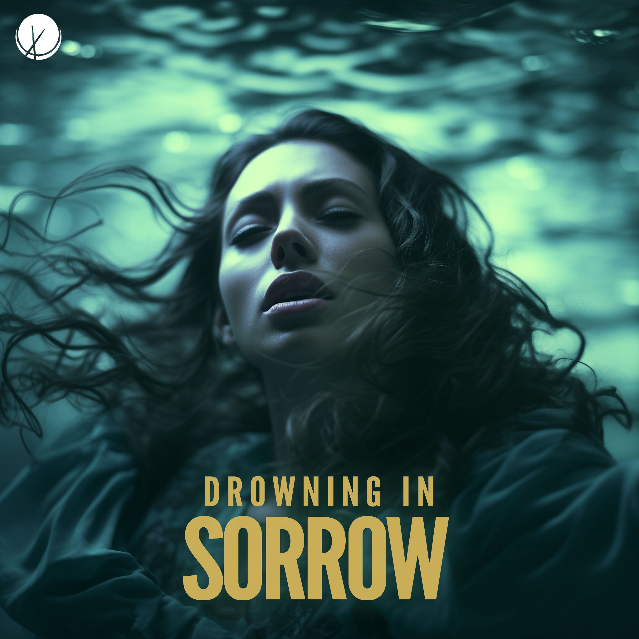 Image of a woman under water with eyes closed, surrounded by a blue-green hue. Title: "Drowning in Sorrow."