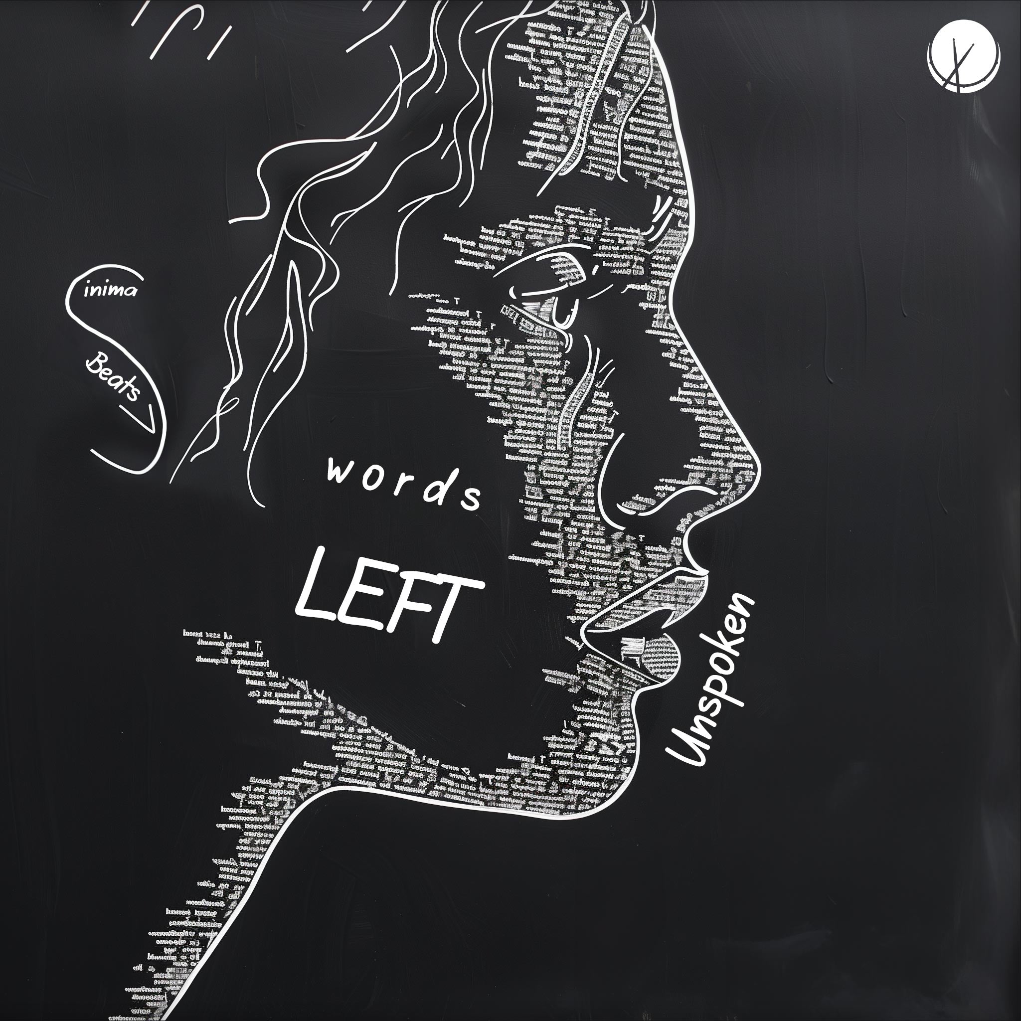 Poignant Hand Drawn Face of a Woman Comprising of Tiny Letters Over a Blackboard Background (2048x2048px). Title: "Words Left Unspoken."