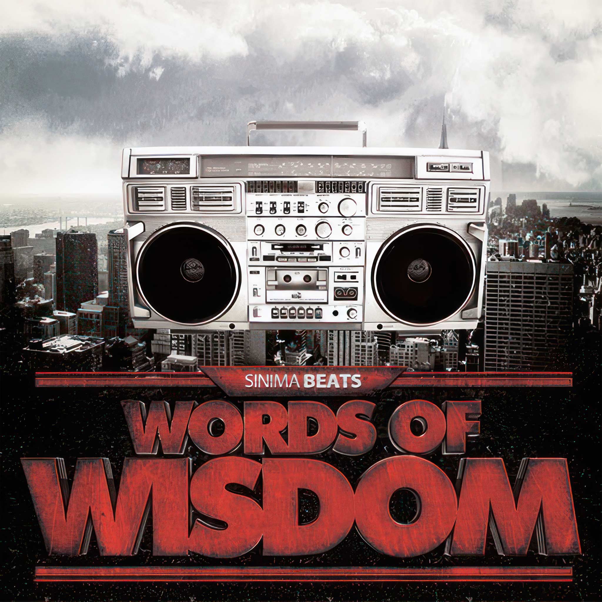 "Words of Wisdom" - Boom Box on Urban Background (Hip-Hop Cover Art)