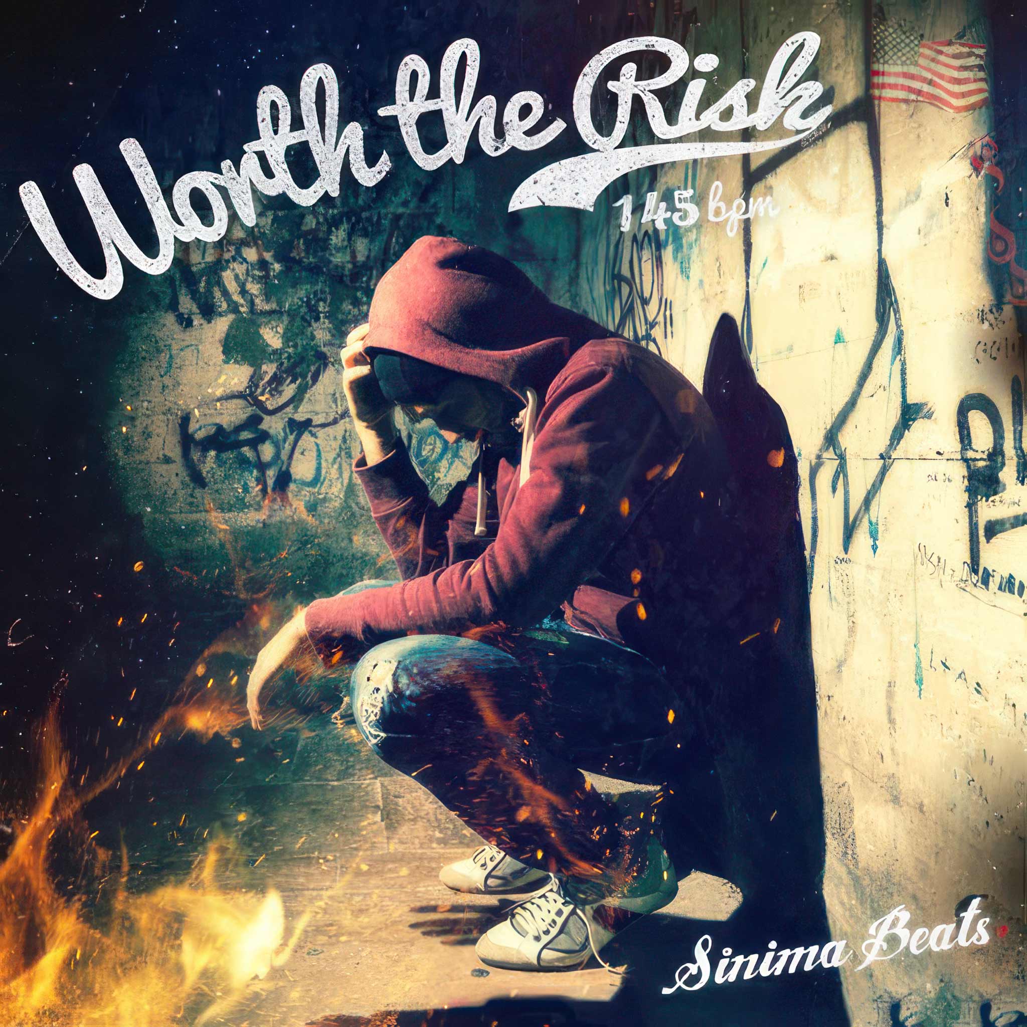 "Worth the Risk" - Man in Hoodie Sitting Against a Wall Filled with Graffiti, Flames, and Sparks