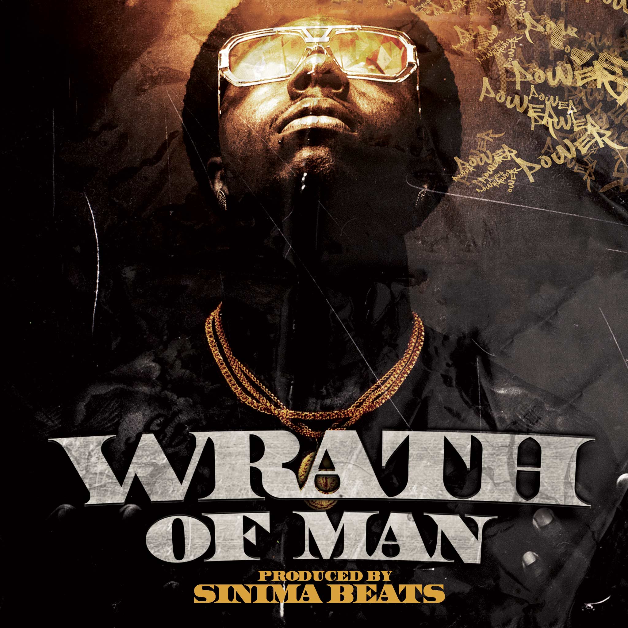 "Wrath of Man" - Rapper with Sunglasses on Dark Background with Yellow Lighting, Gold Chains, Graffiti, Textured Overlay