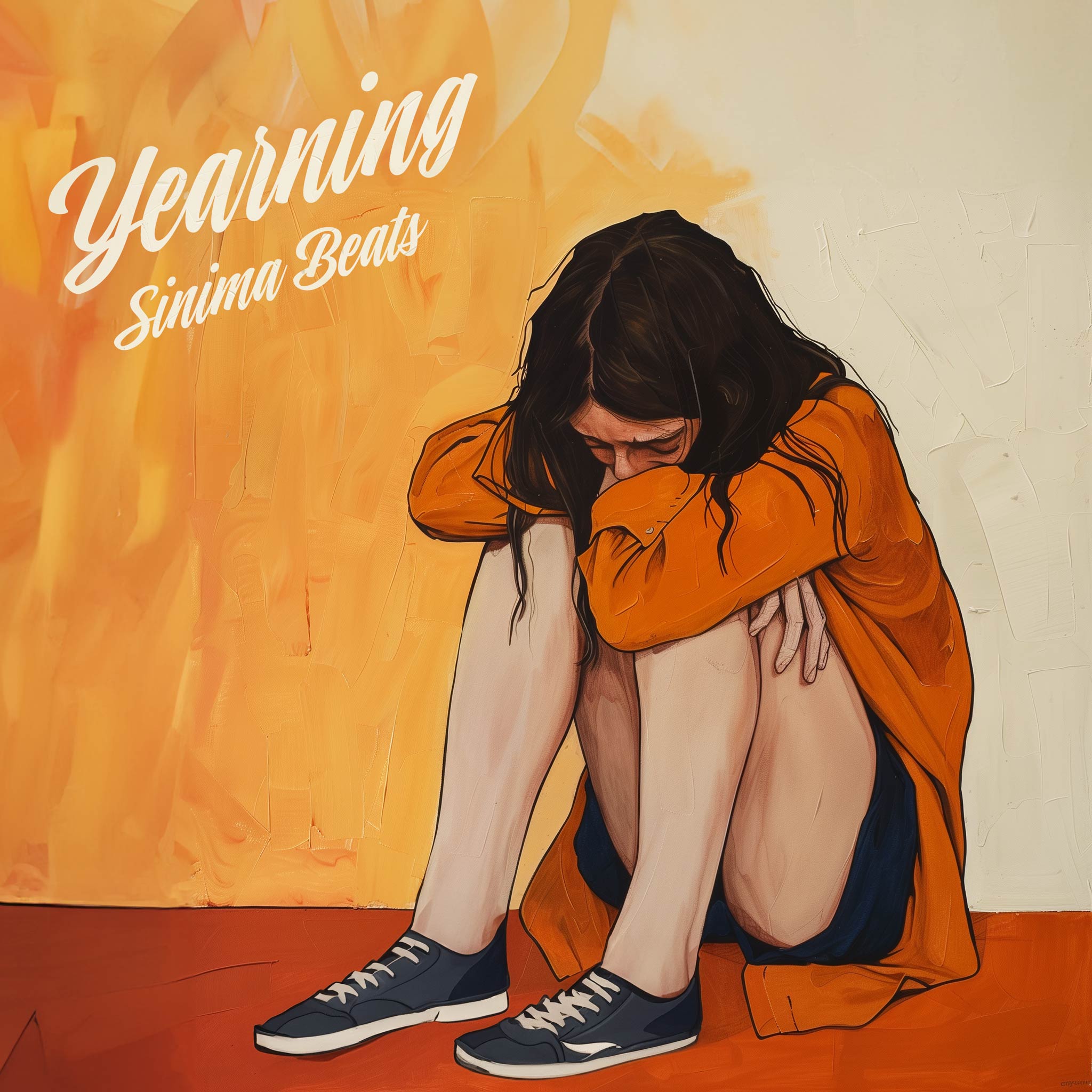 Illustration of Girl Wearing an Orange Long Sleeve Shit with Dark Blue Shorts and Tennis Shoes. She has a sad expression and is hugging her knees while crying.