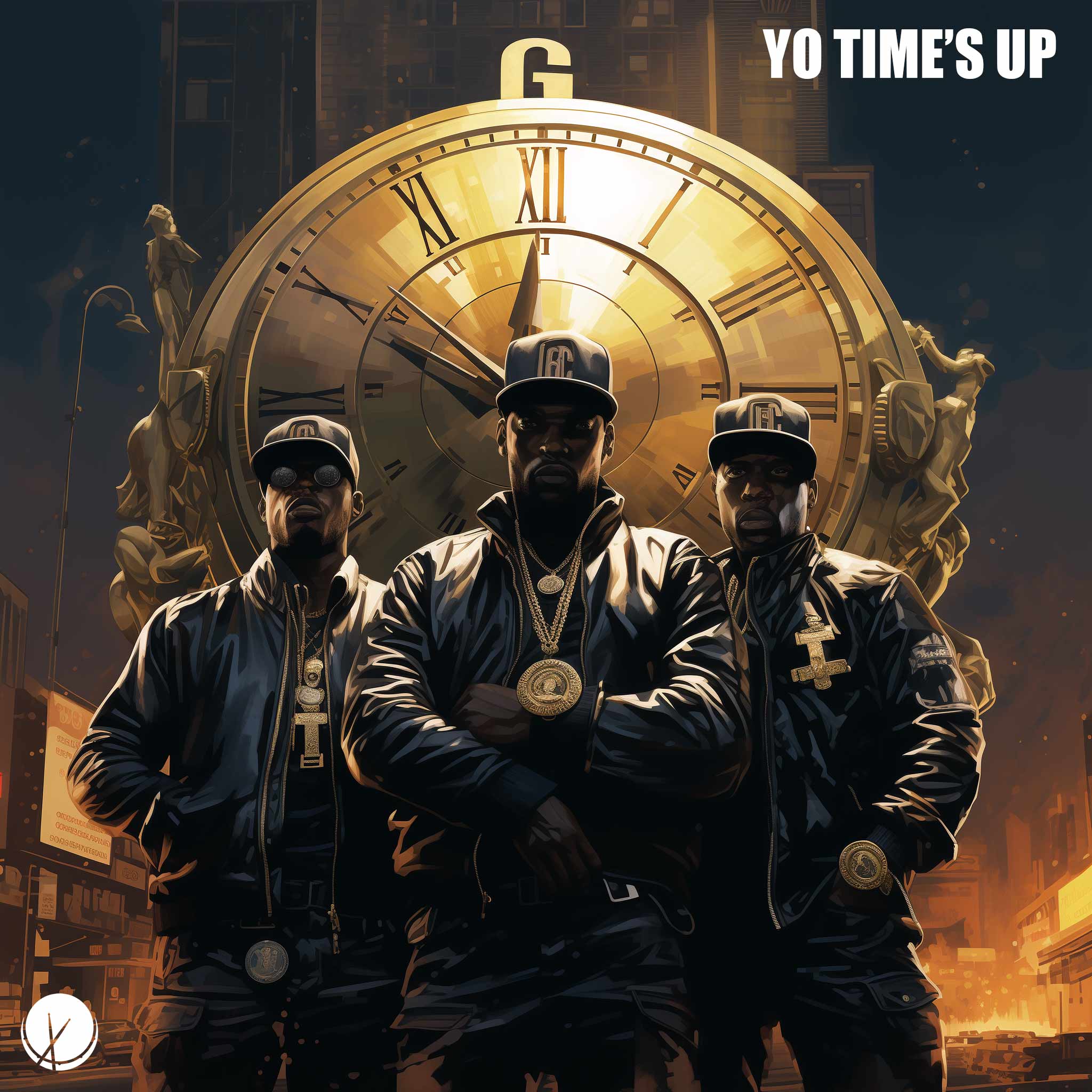 yo-times-up-3-gangsta-rappers-standing-in-front-of-giant-golden-clock-night-city-illustration