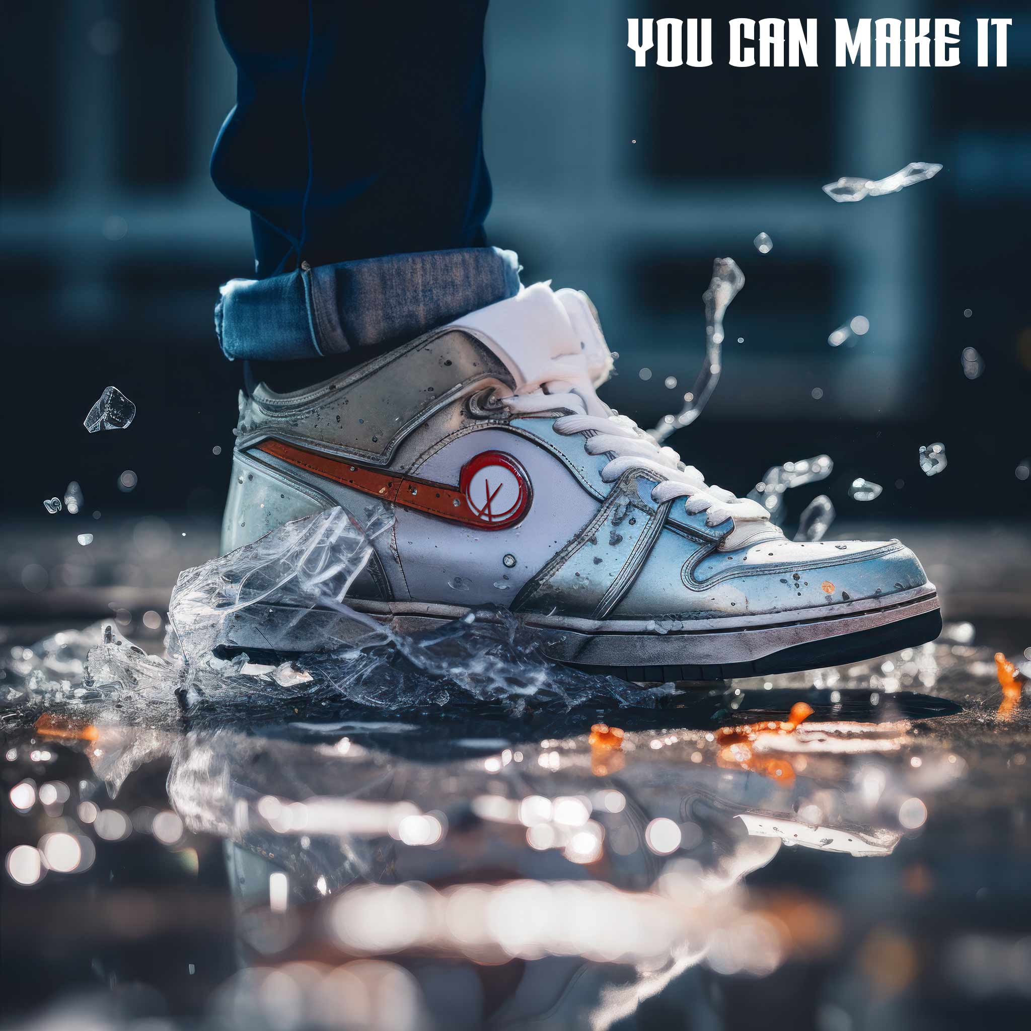 Close-Up of Sneakers Running Atop Shattered Glass Along Concrete in the City - You Can Make It